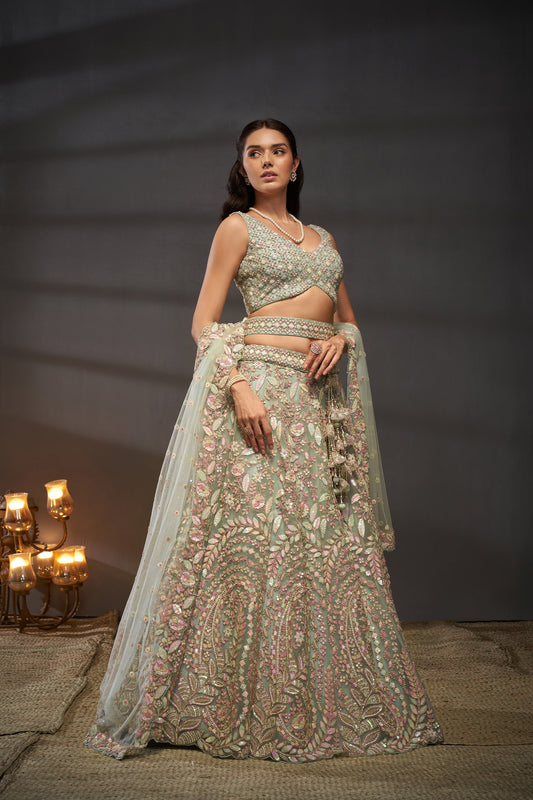 Sea Green Net Multi Zarkan embroidery Lehenga