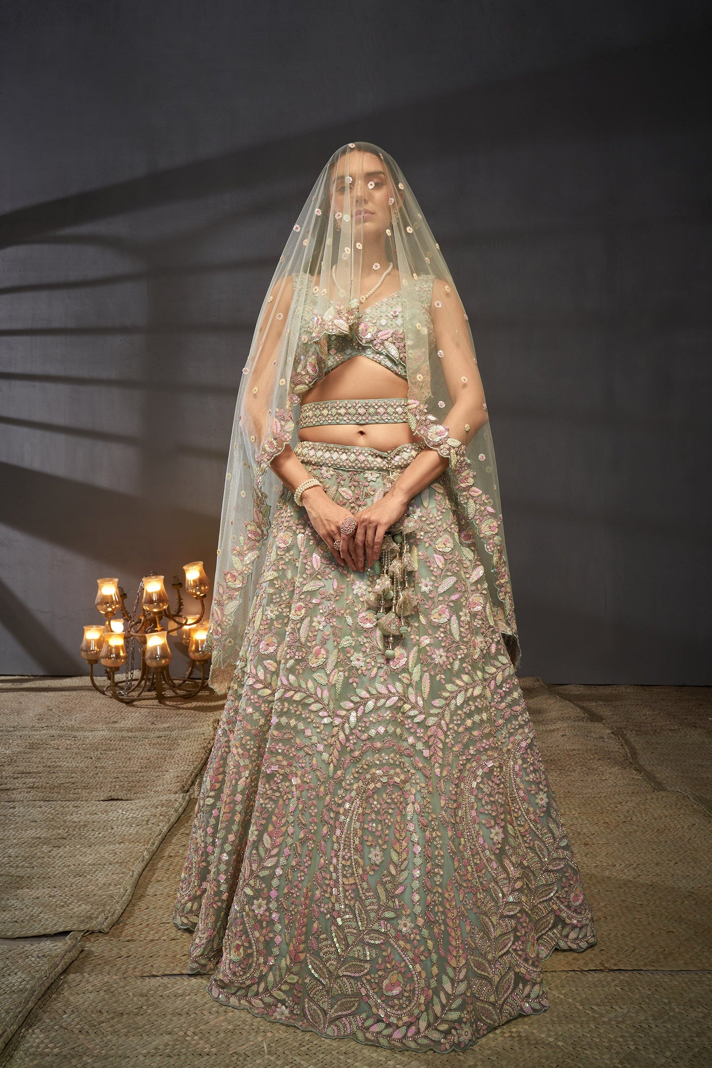 Sea Green Net Multi Zarkan embroidery Lehenga