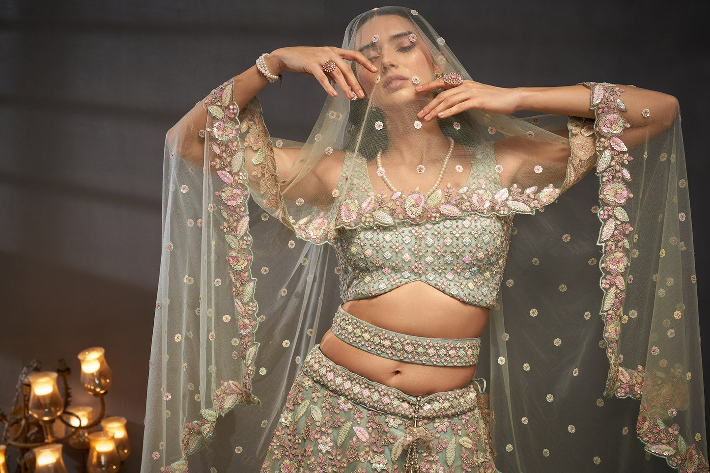 Sea Green Net Multi Zarkan embroidery Lehenga
