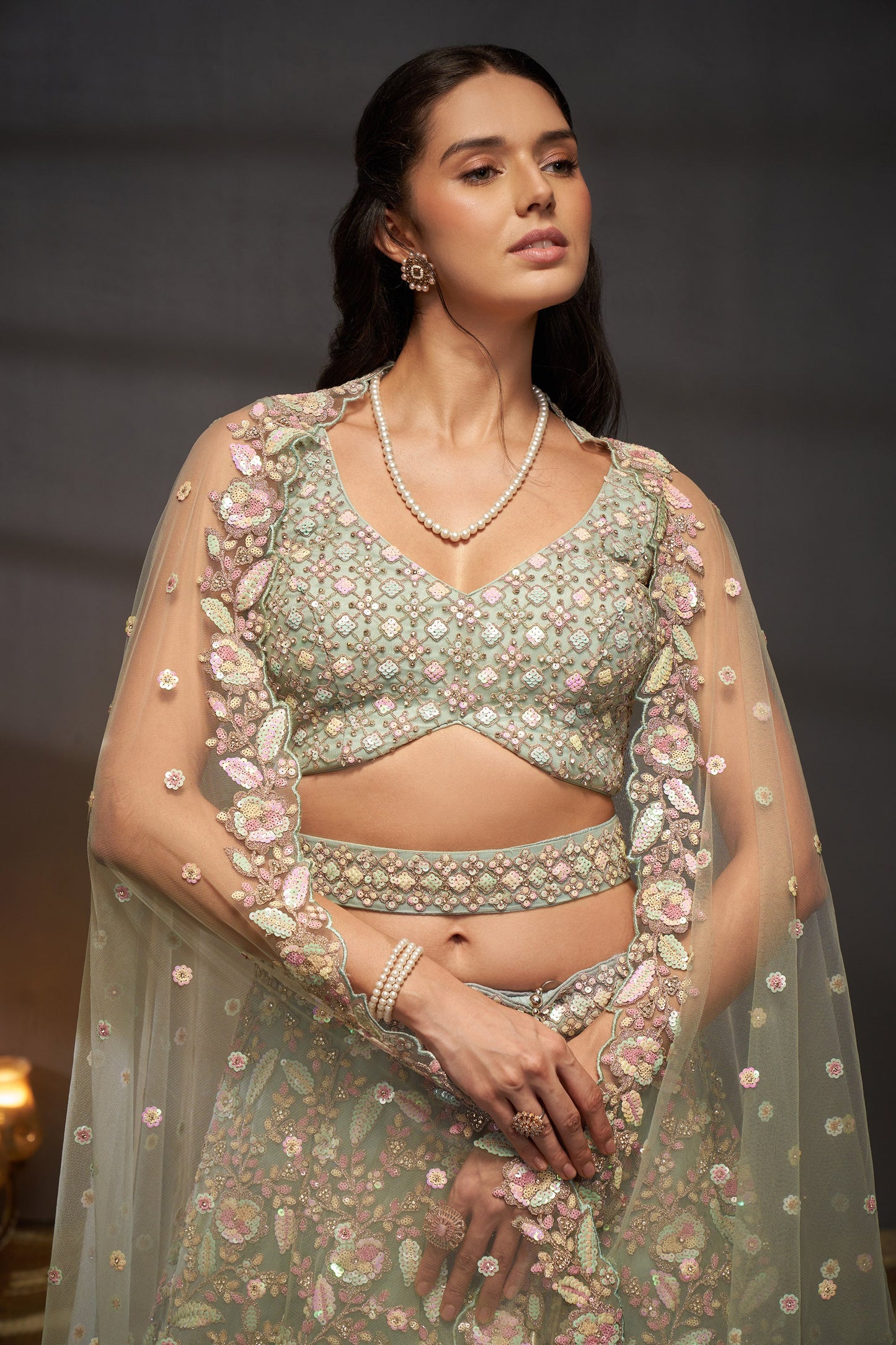 Sea Green Net Multi Zarkan embroidery Lehenga