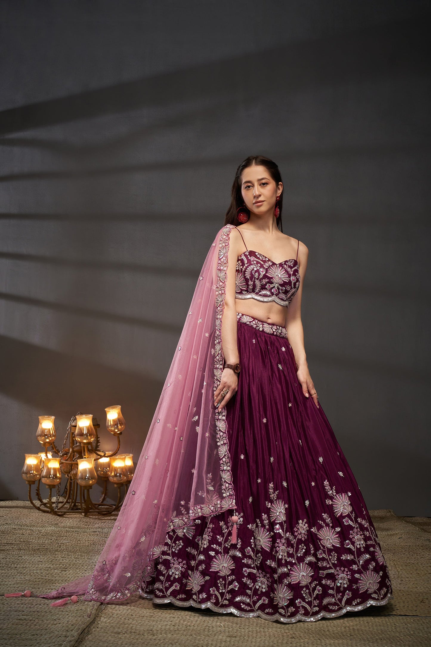 Burgundy Pure Chiffon Sequins embroidery Lehenga choli