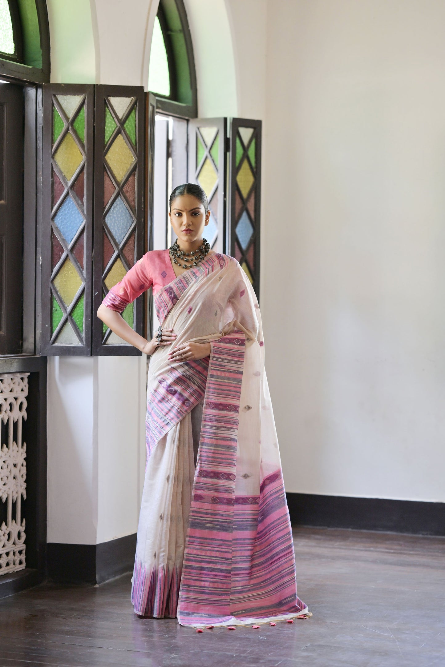 Pink Muga Cotton Ikkat Saree