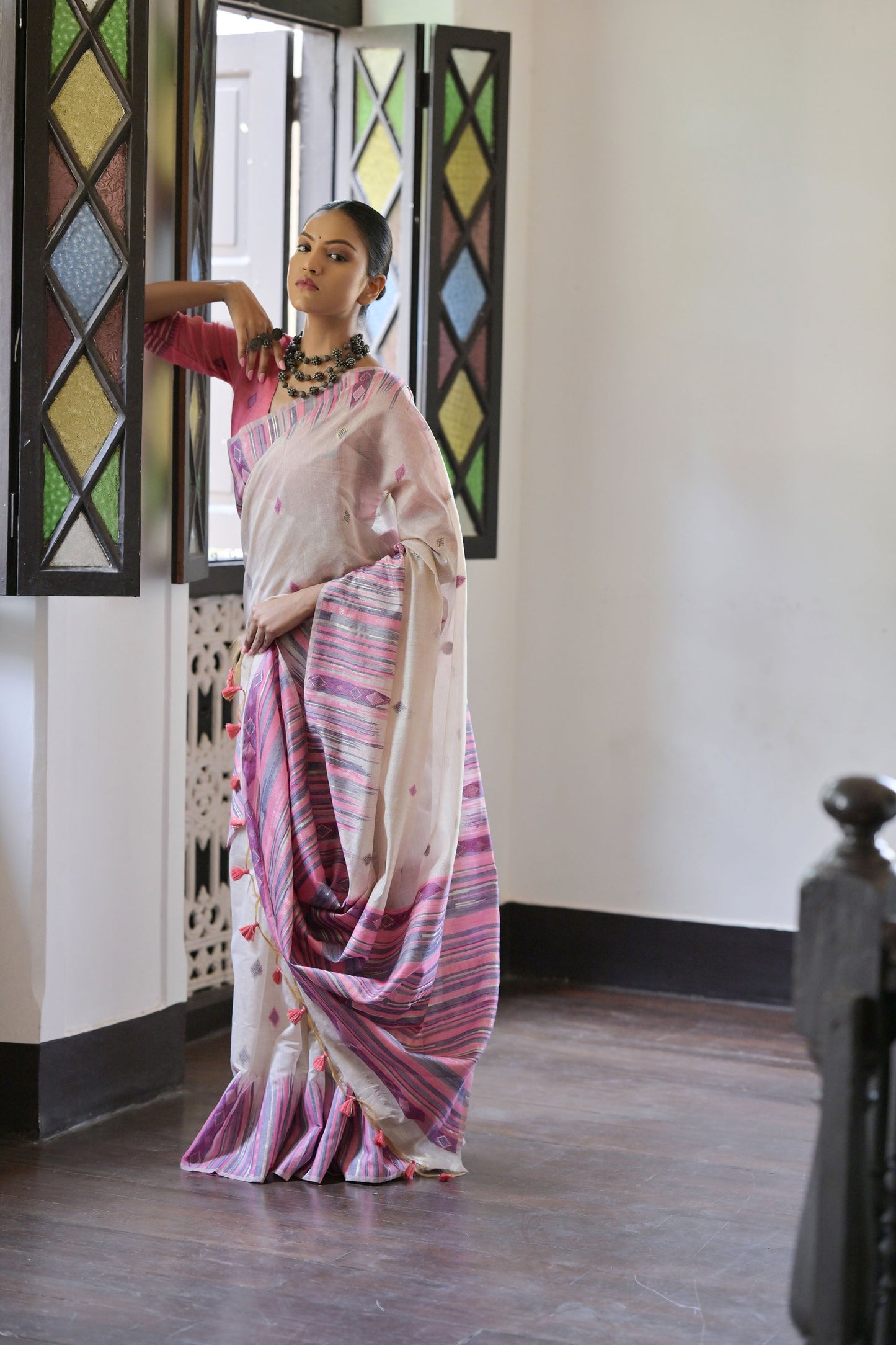 Pink Muga Cotton Ikkat Saree