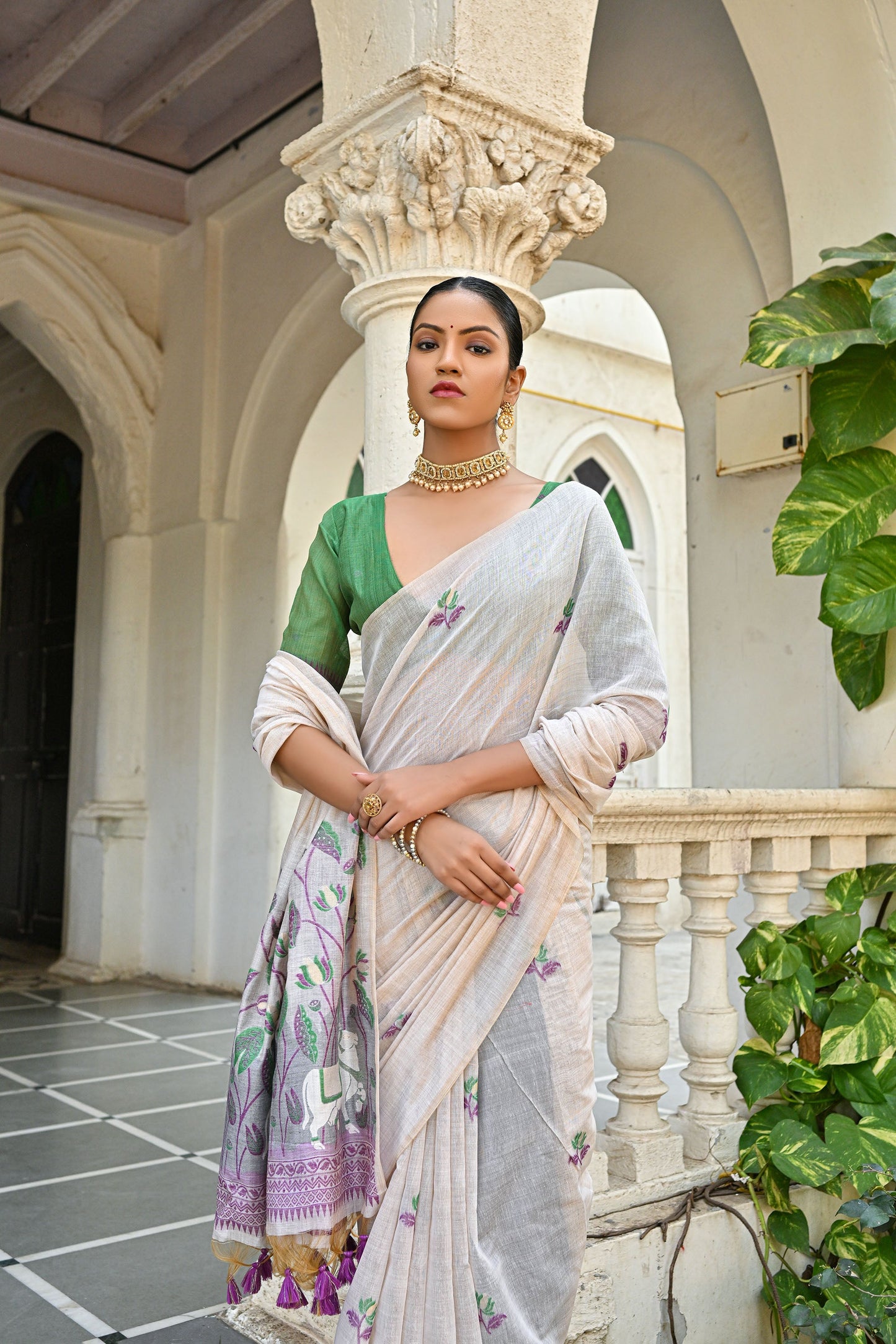 Wine Muga Cotton Pichwai pattern meenakari butti weave Saree