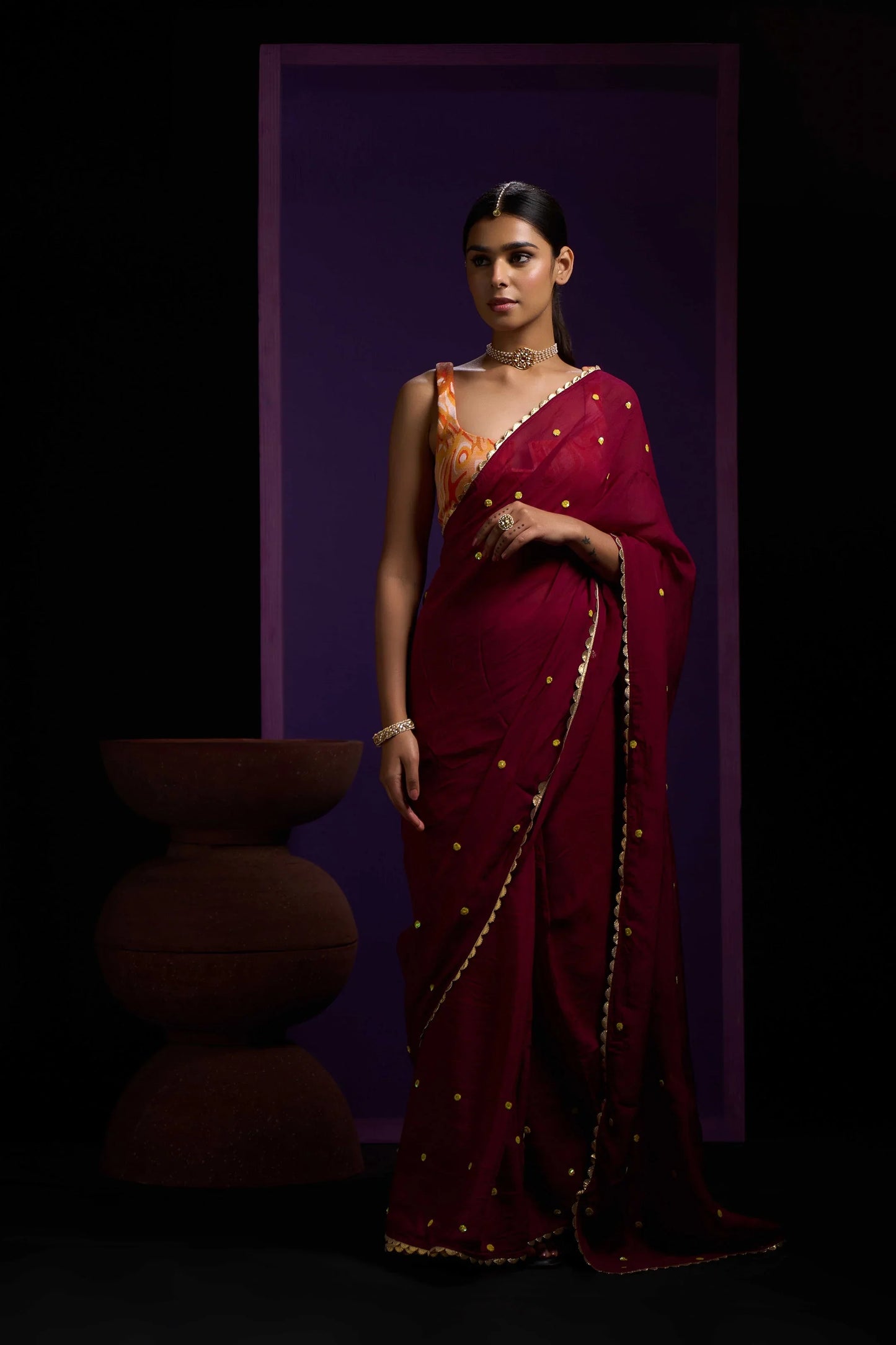 Noori Mahroon Organza Saree