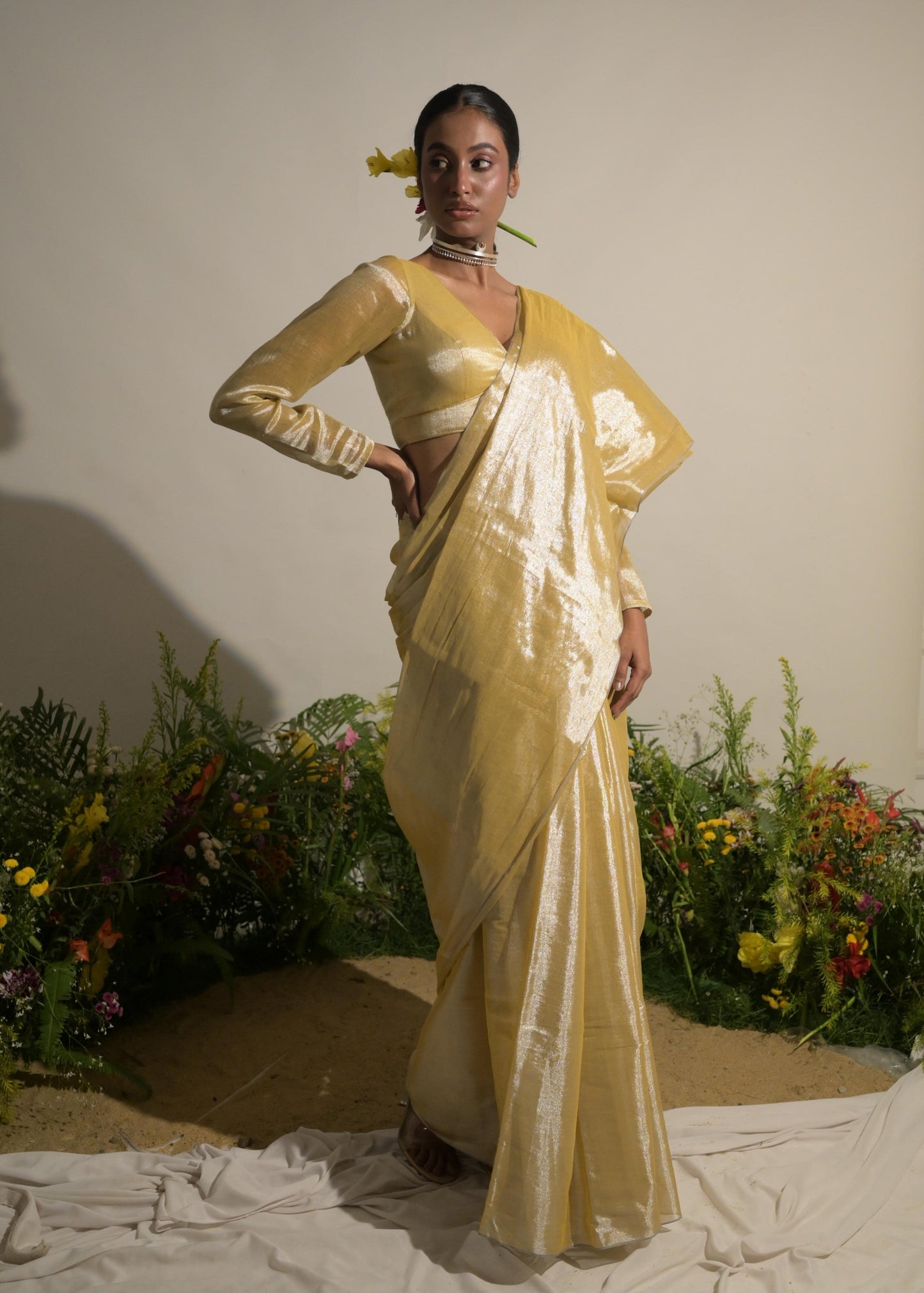 Mari-gold Rush I Neon Yellow Tissue Saree