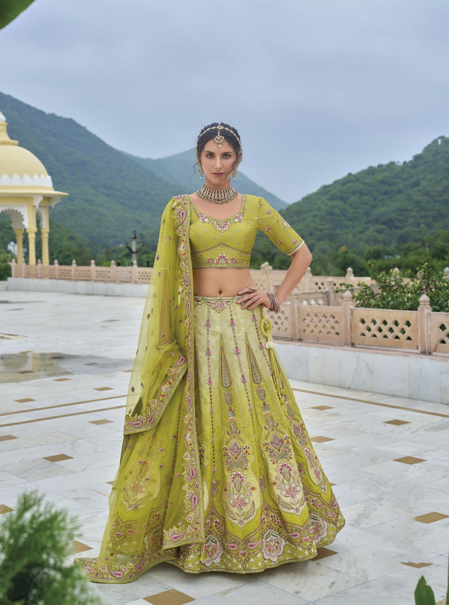 Mehendi Green Sequins and Floral Embroidery Silk Bridesmaid Lehenga