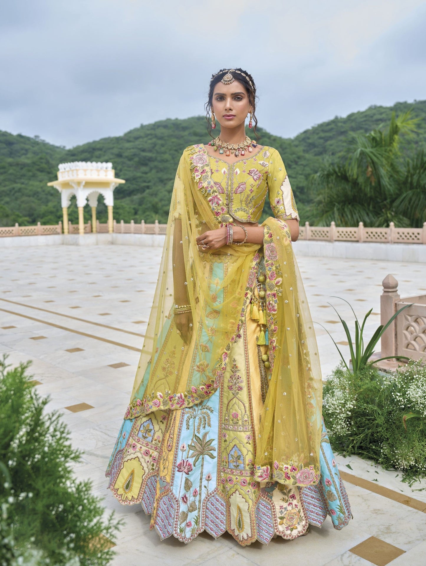 Multi Color Sequins and Floral Embroidery Silk Haldi Lehenga
