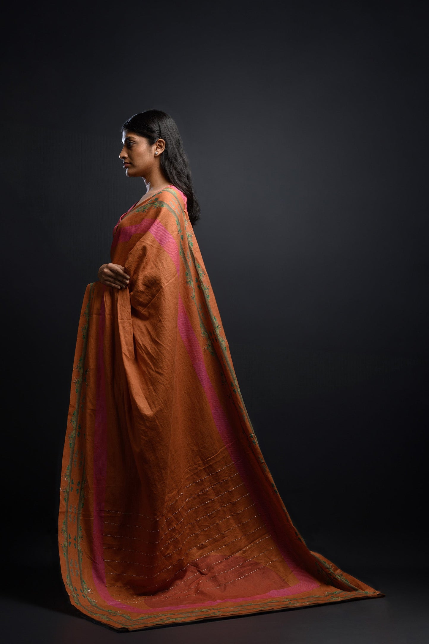 Mustard Zari Embroidered Linen Dhupdi Saree
