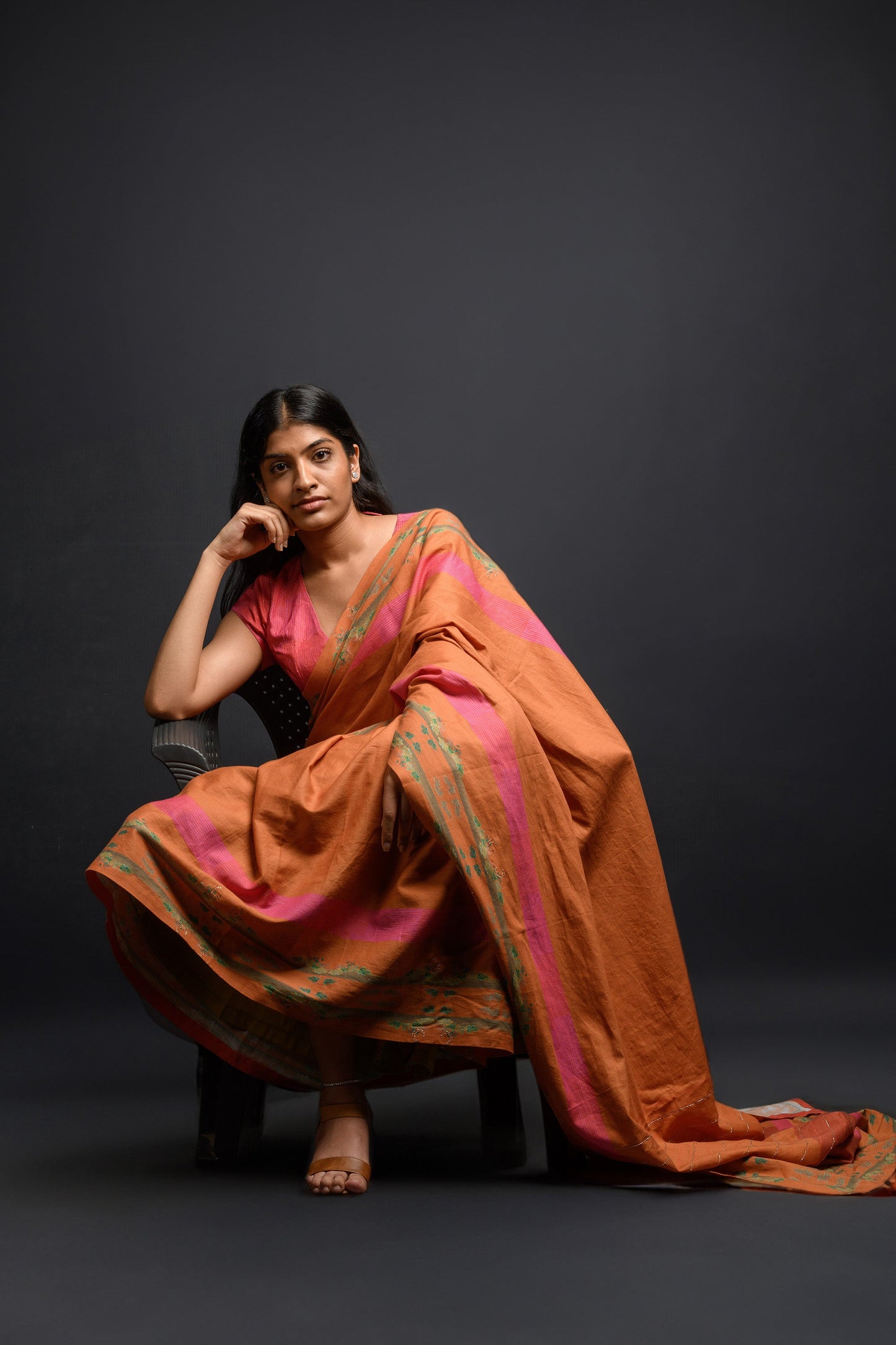 Mustard Zari Embroidered Linen Dhupdi Saree