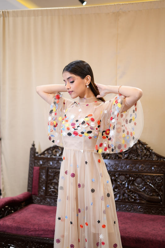 Beige Tulle Floral embroidered ankle - length round - neck Designer dress