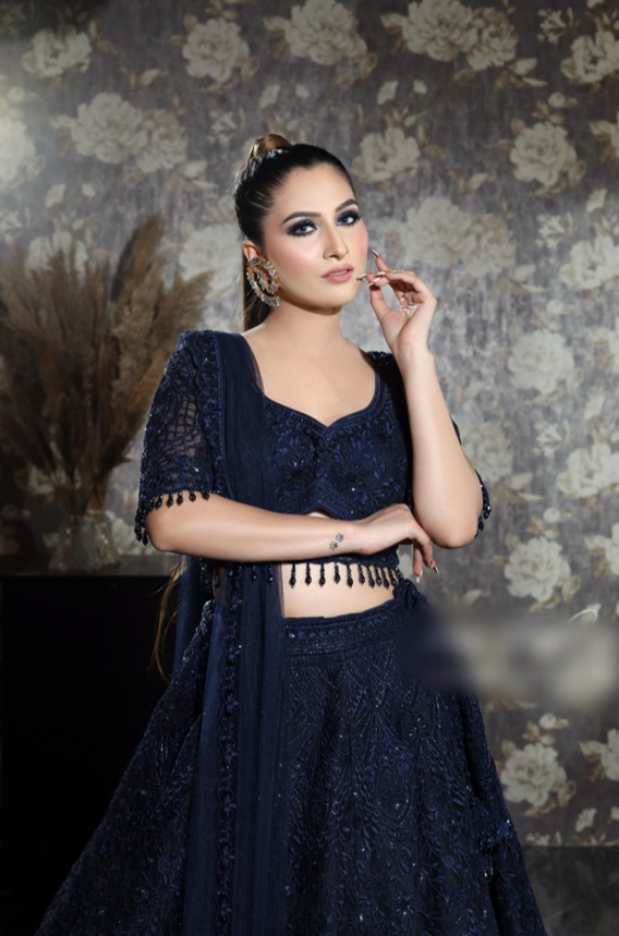 Navy Blue Soft Net Thread Embroidered Lehenga