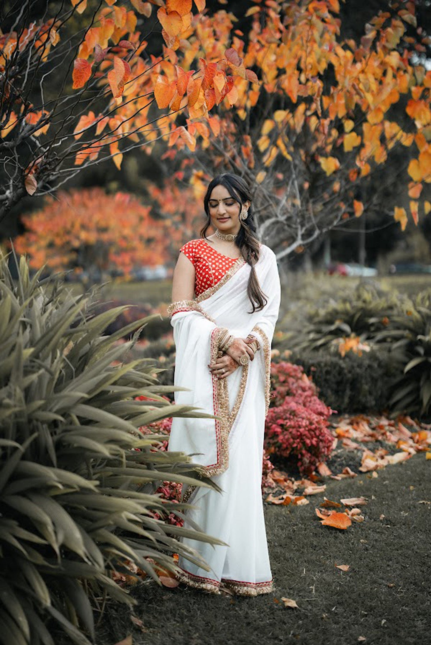Ivory Machine Embroidered Georgette Saree for Bridesmaid