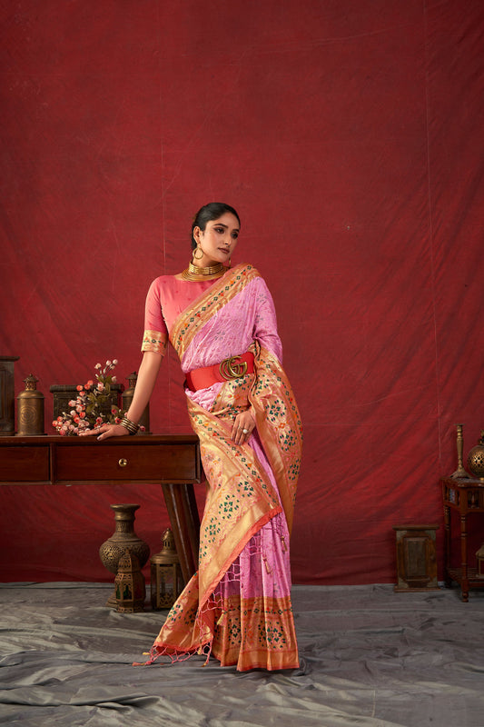 Bansi Baby-Pink Paithani Silk Meenakari weaves Zari Saree