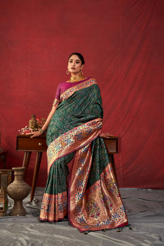 Bansi Green Paithani Silk Meenakari weaves Zari Saree