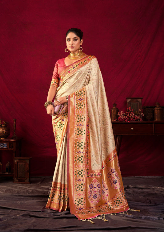 Bansi Cream Paithani Silk Meenakari weaves Zari Saree