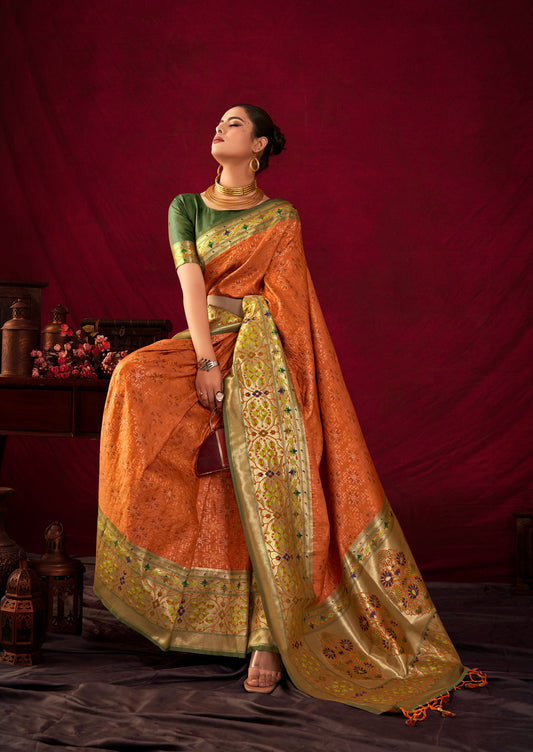 Bansi Orange Paithani Silk Meenakari weaves Zari Saree