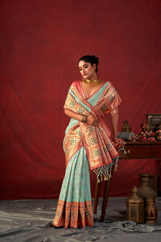Bansi Sea Green Paithani Silk Meenakari weaves Zari Saree