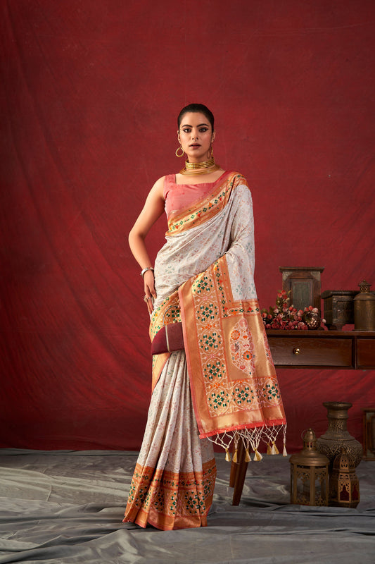 Bansi White Paithani Silk Meenakari weaves Zari Saree