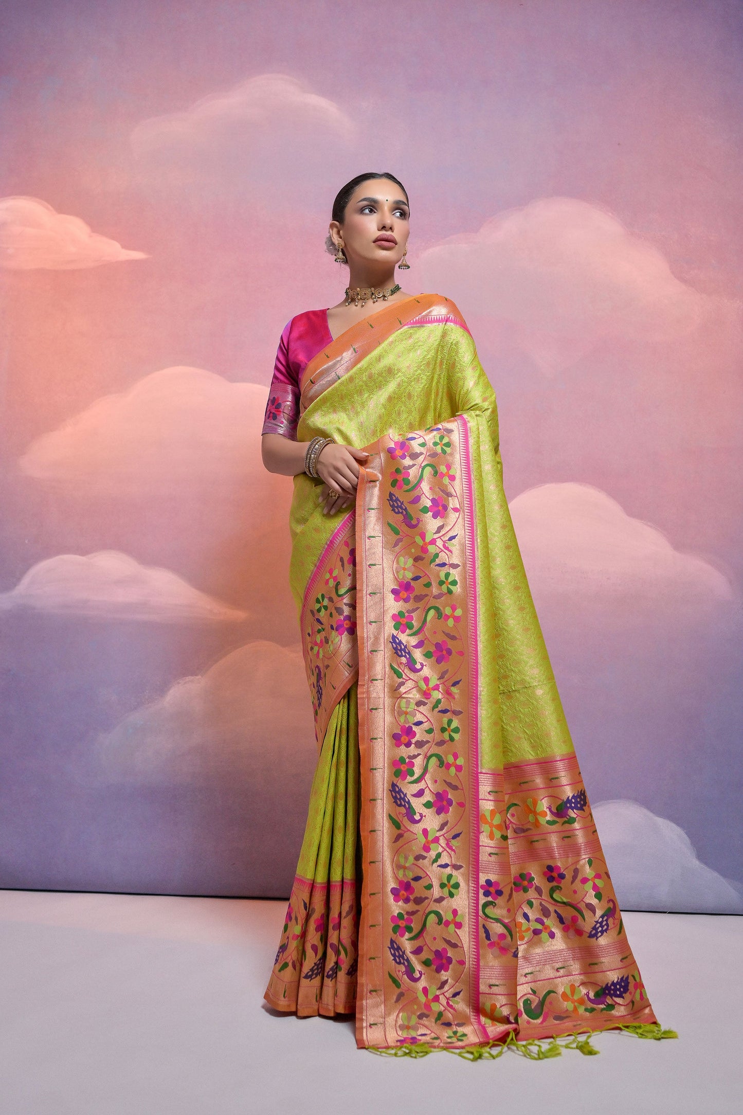 Mehendi Paithani Silk Meenakari Zari Woven Saree