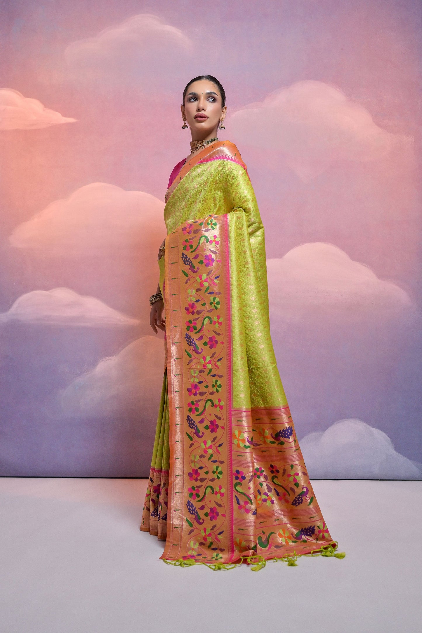Mehendi Paithani Silk Meenakari Zari Woven Saree