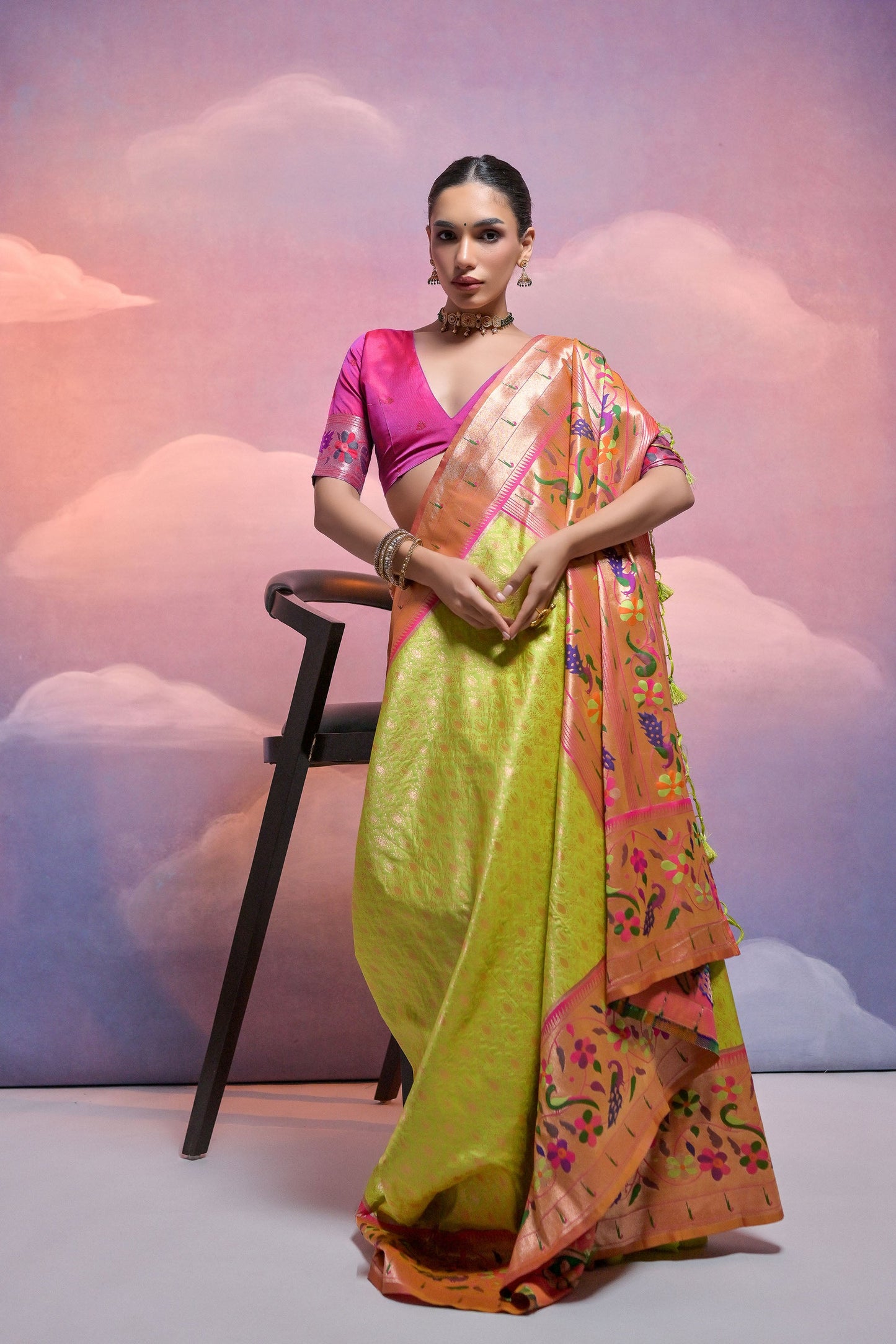 Mehendi Paithani Silk Meenakari Zari Woven Saree