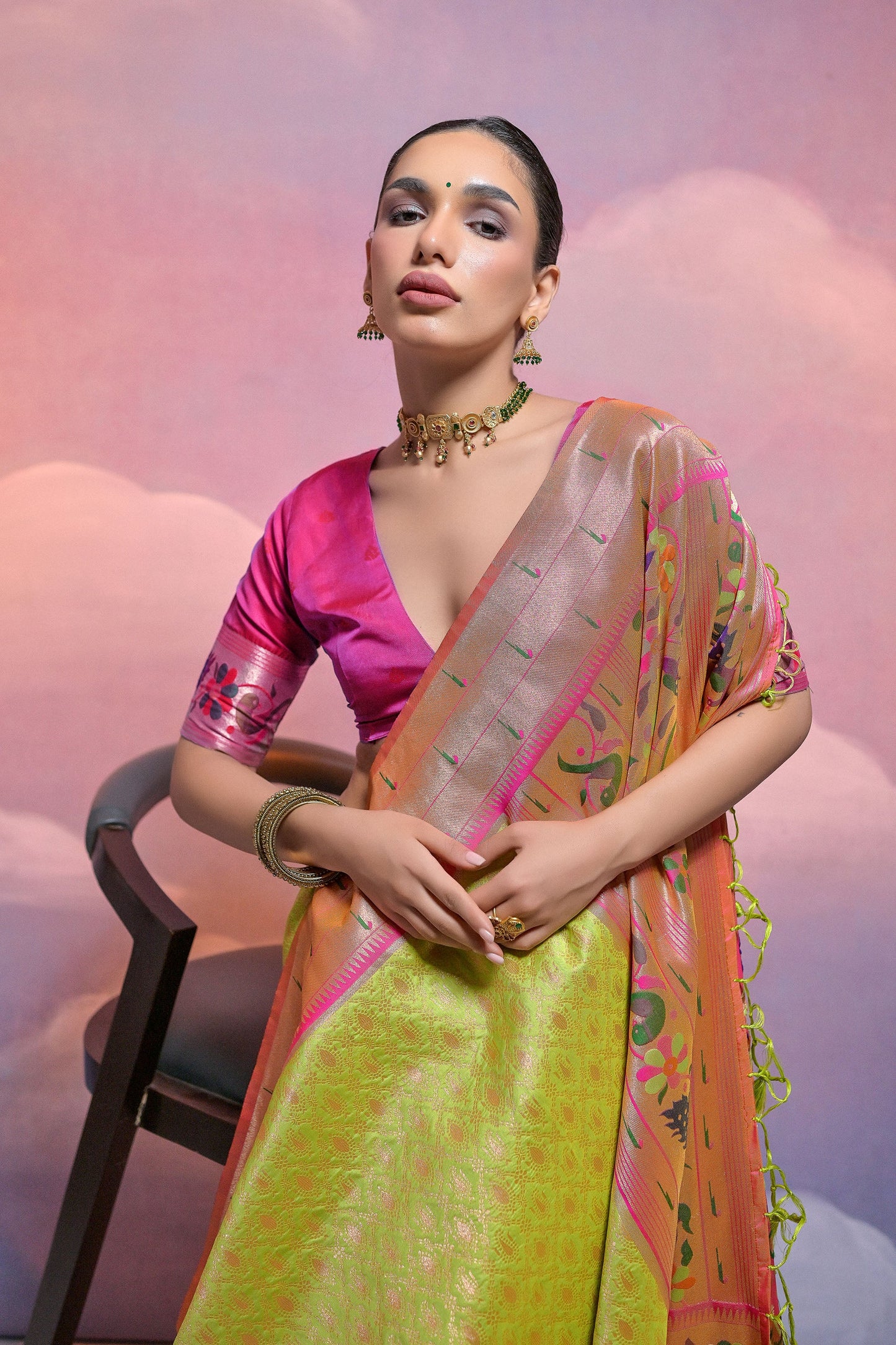 Mehendi Paithani Silk Meenakari Zari Woven Saree
