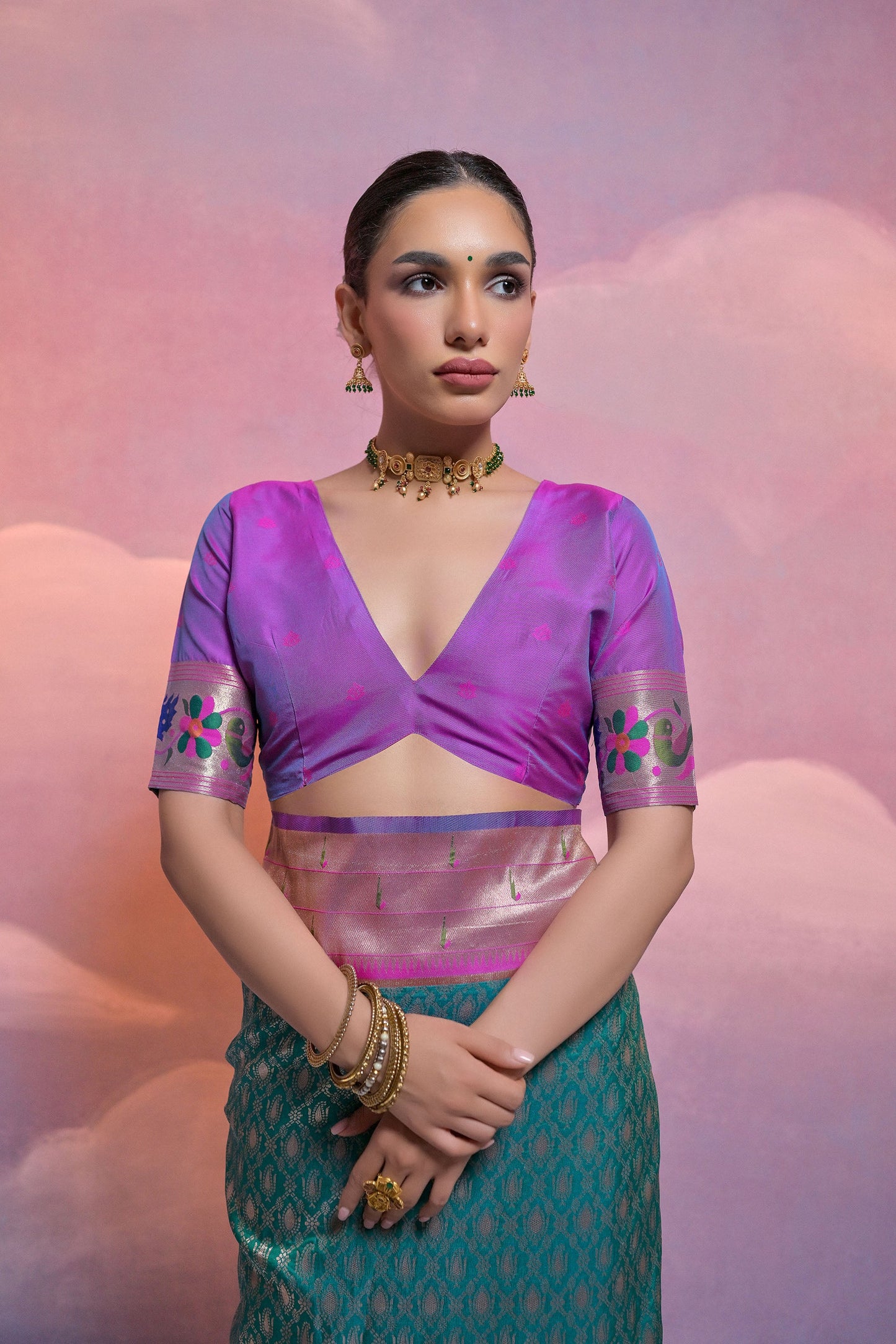 Rama Paithani Silk Meenakari Zari Woven Saree