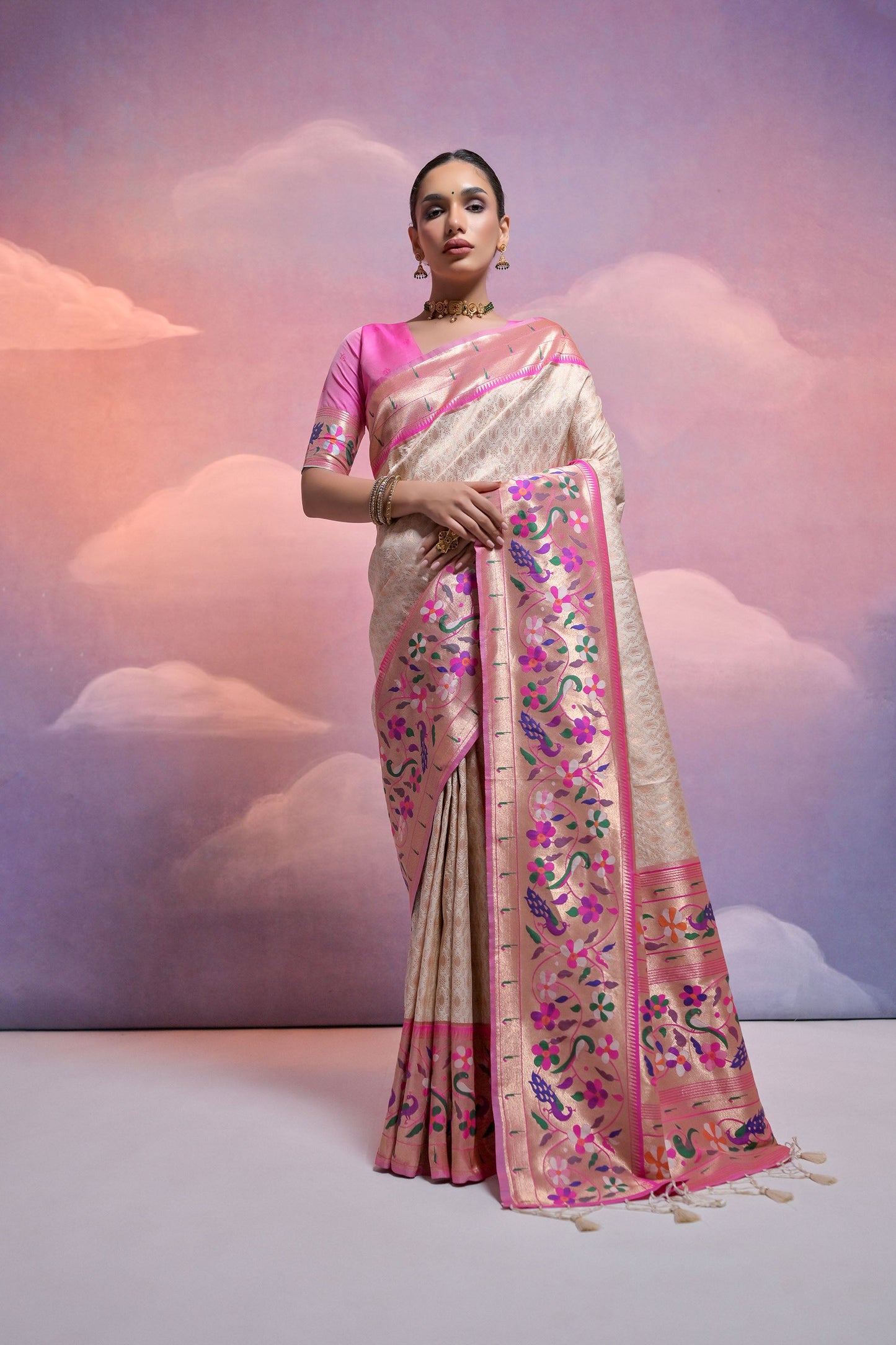 White Paithani Silk Meenakari Zari Woven Saree