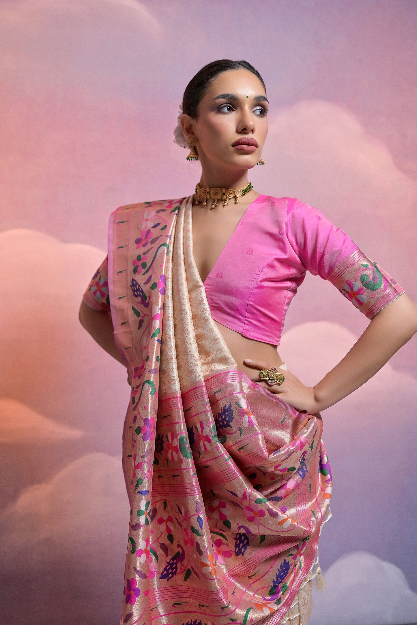 White Paithani Silk Meenakari Zari Woven Saree