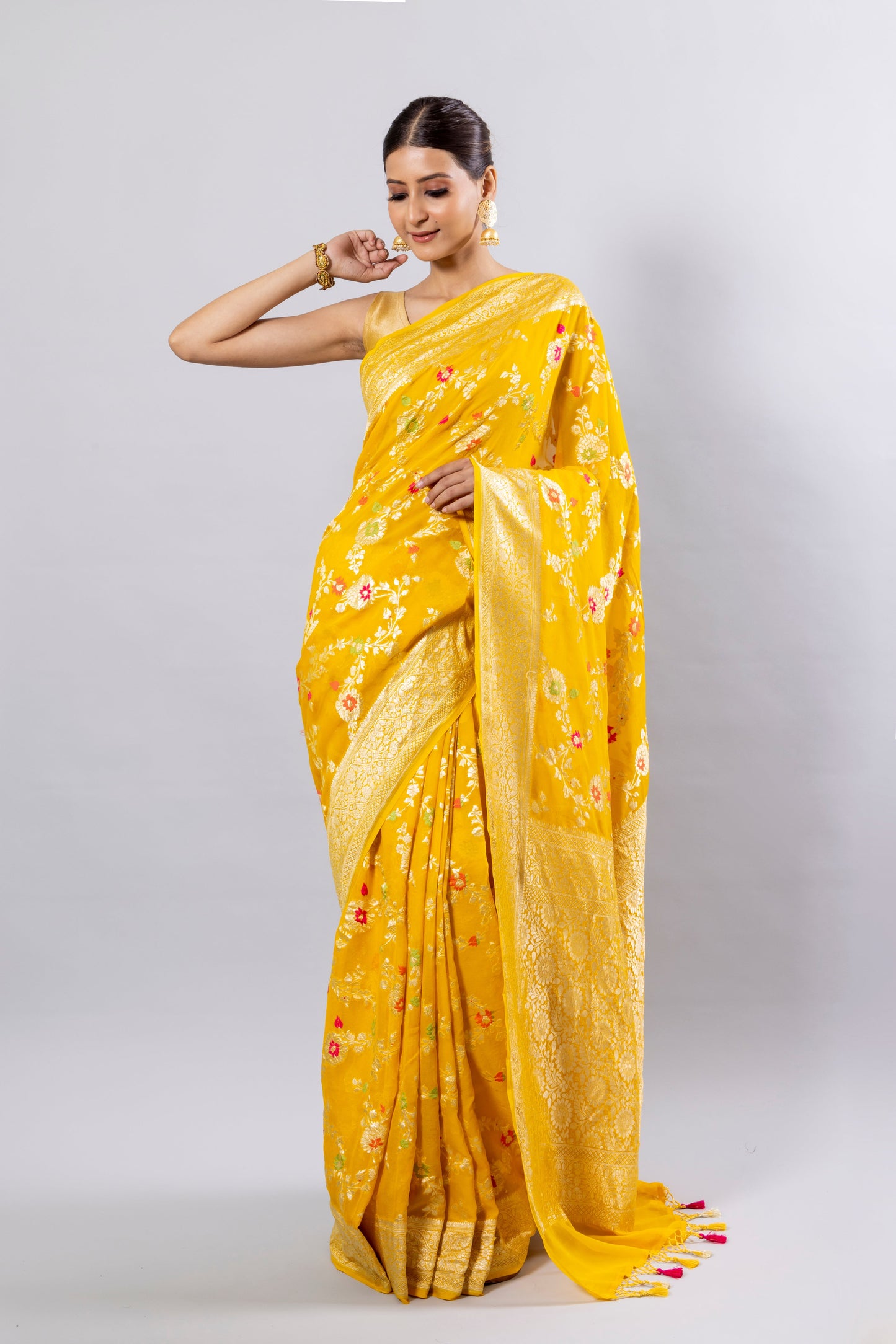 Yellow Georgette Khaddi Pure Silk Saree