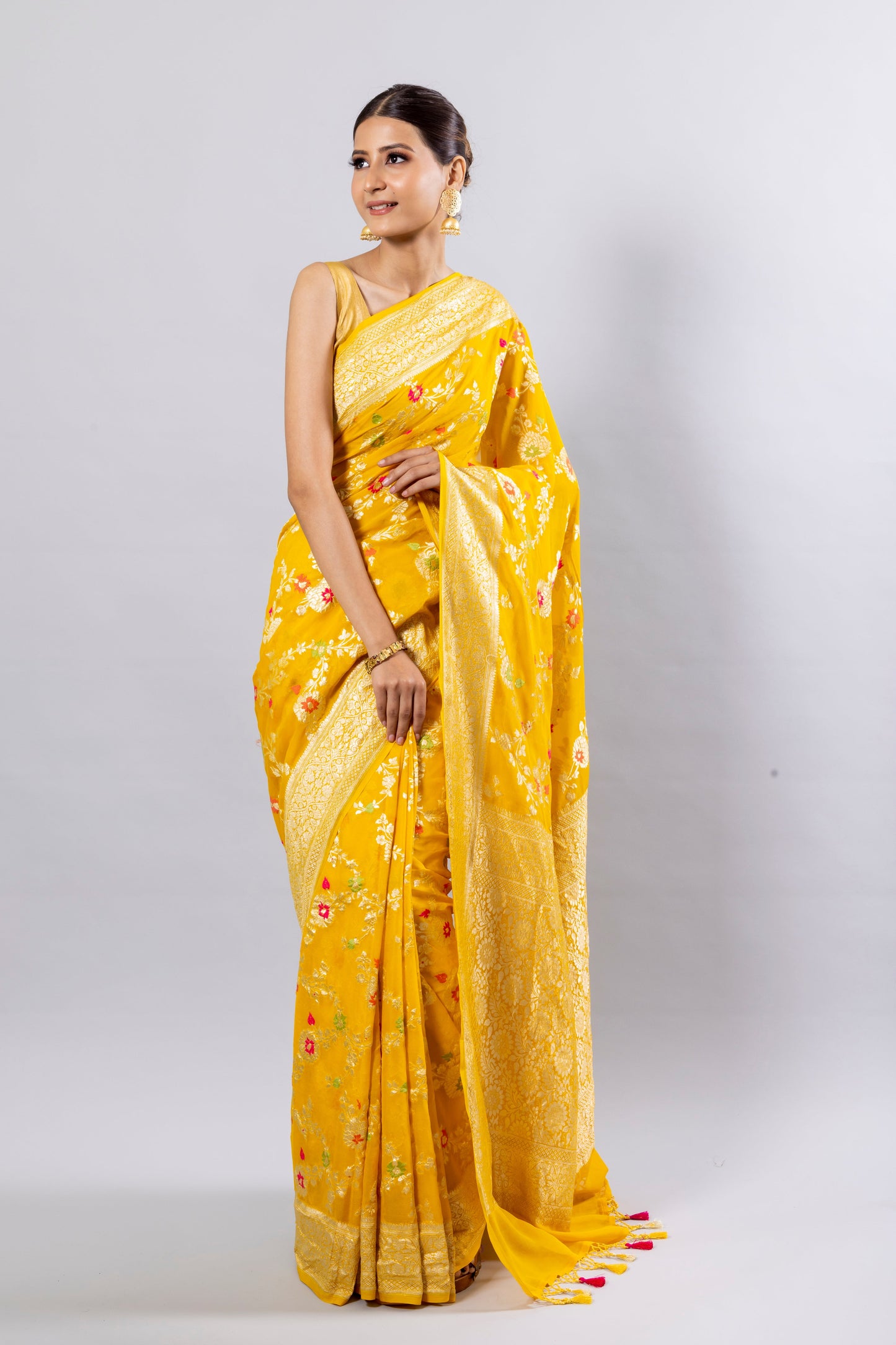 Yellow Georgette Khaddi Pure Silk Saree
