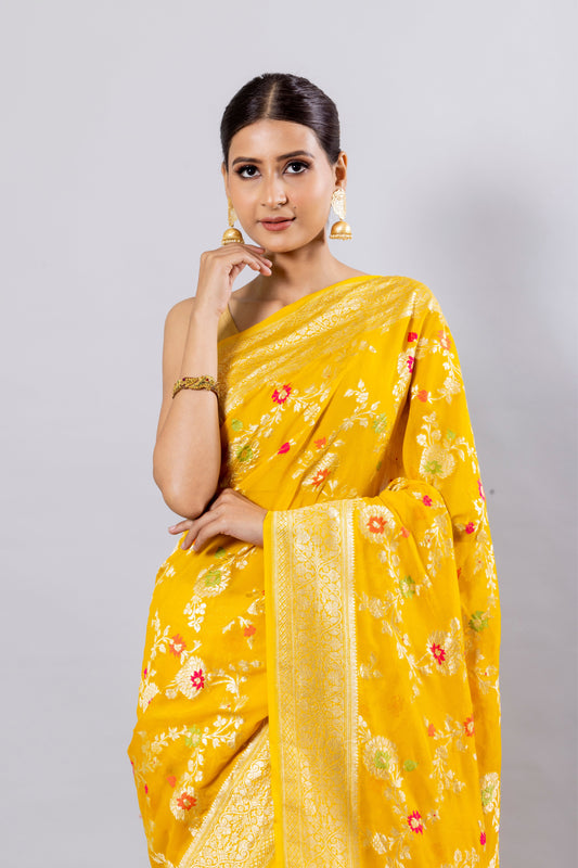 Yellow Georgette Khaddi Pure Silk Saree