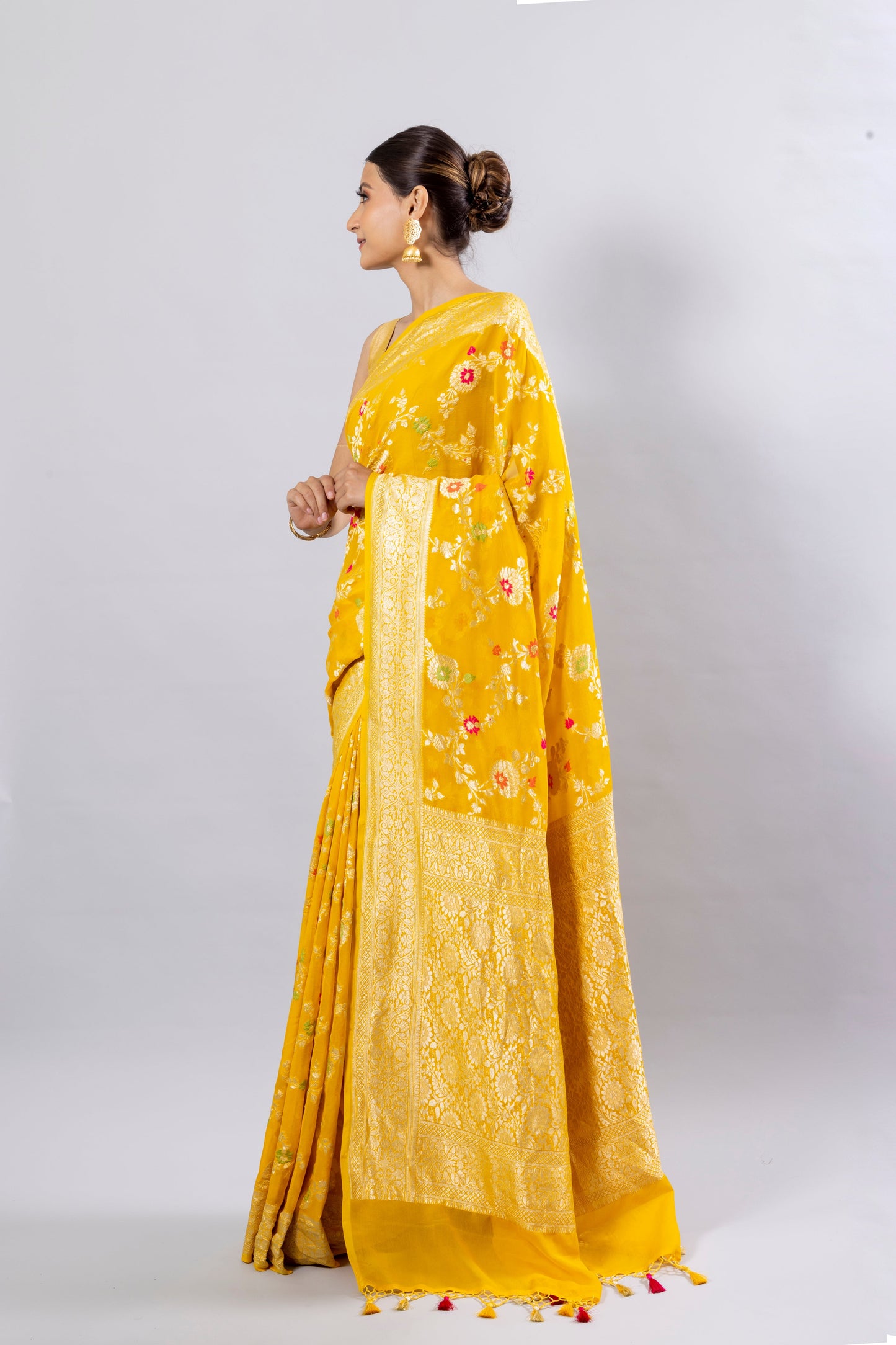 Yellow Georgette Khaddi Pure Silk Saree