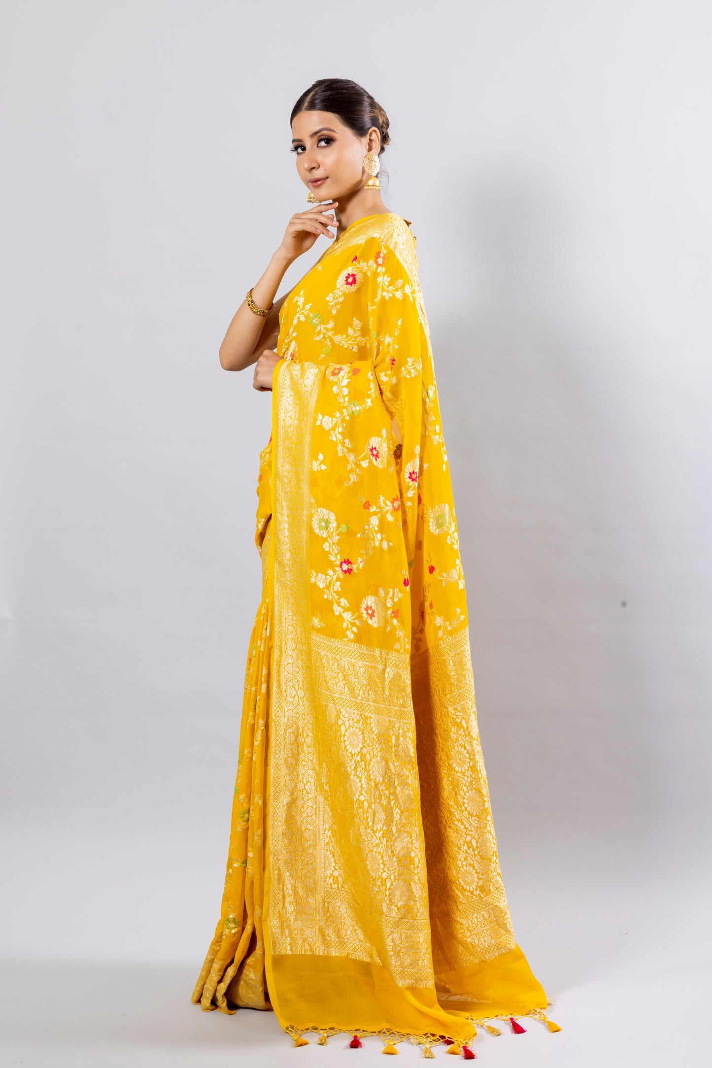 Yellow Georgette Khaddi Pure Silk Saree