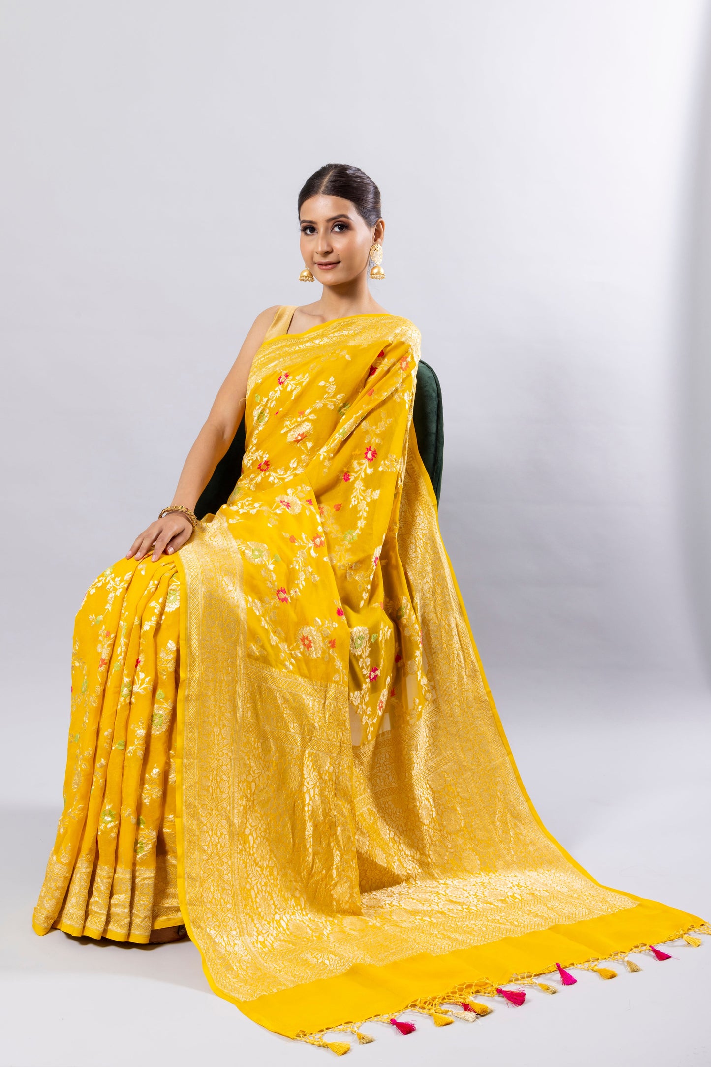 Yellow Georgette Khaddi Pure Silk Saree