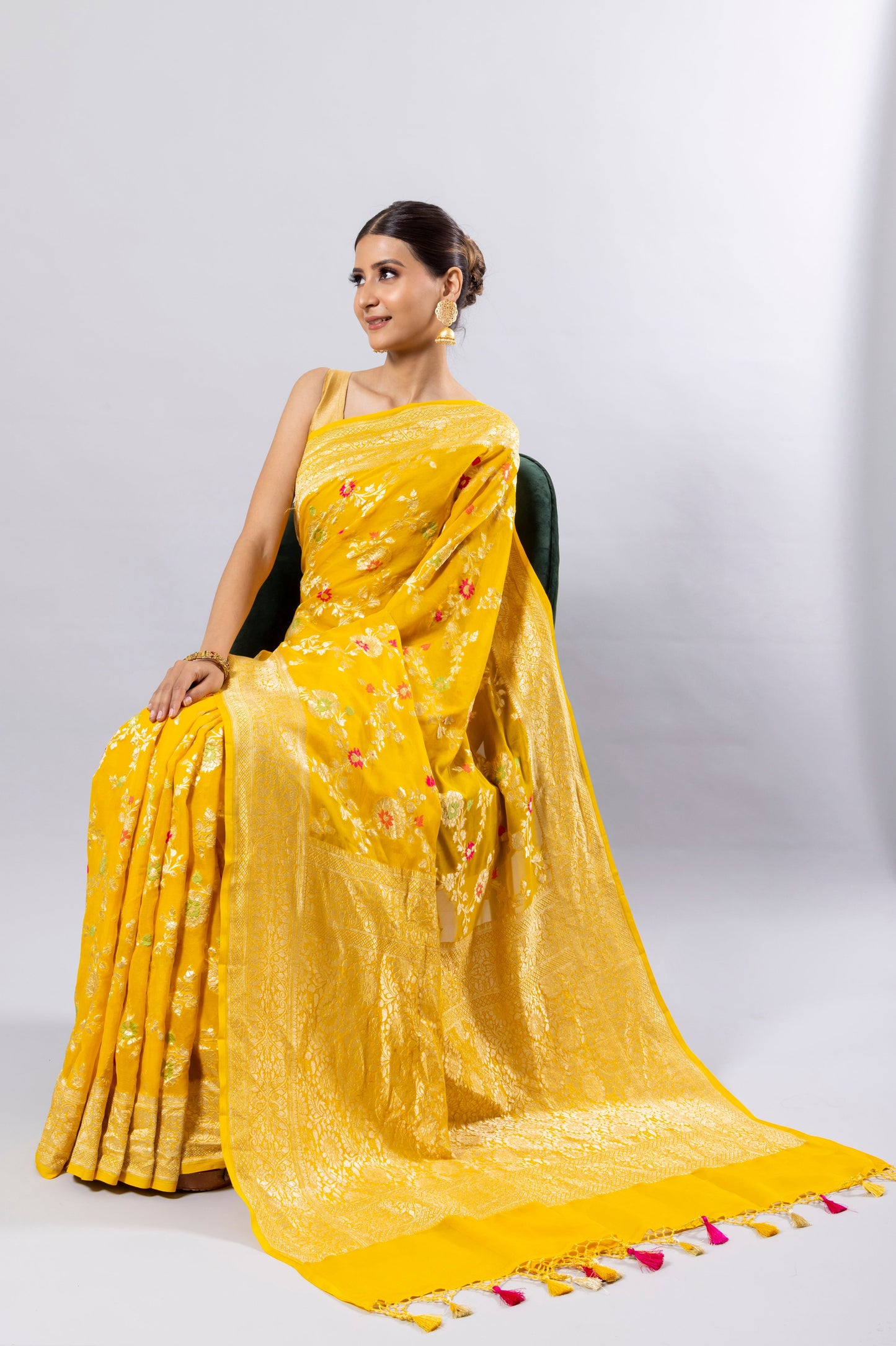 Yellow Georgette Khaddi Pure Silk Saree