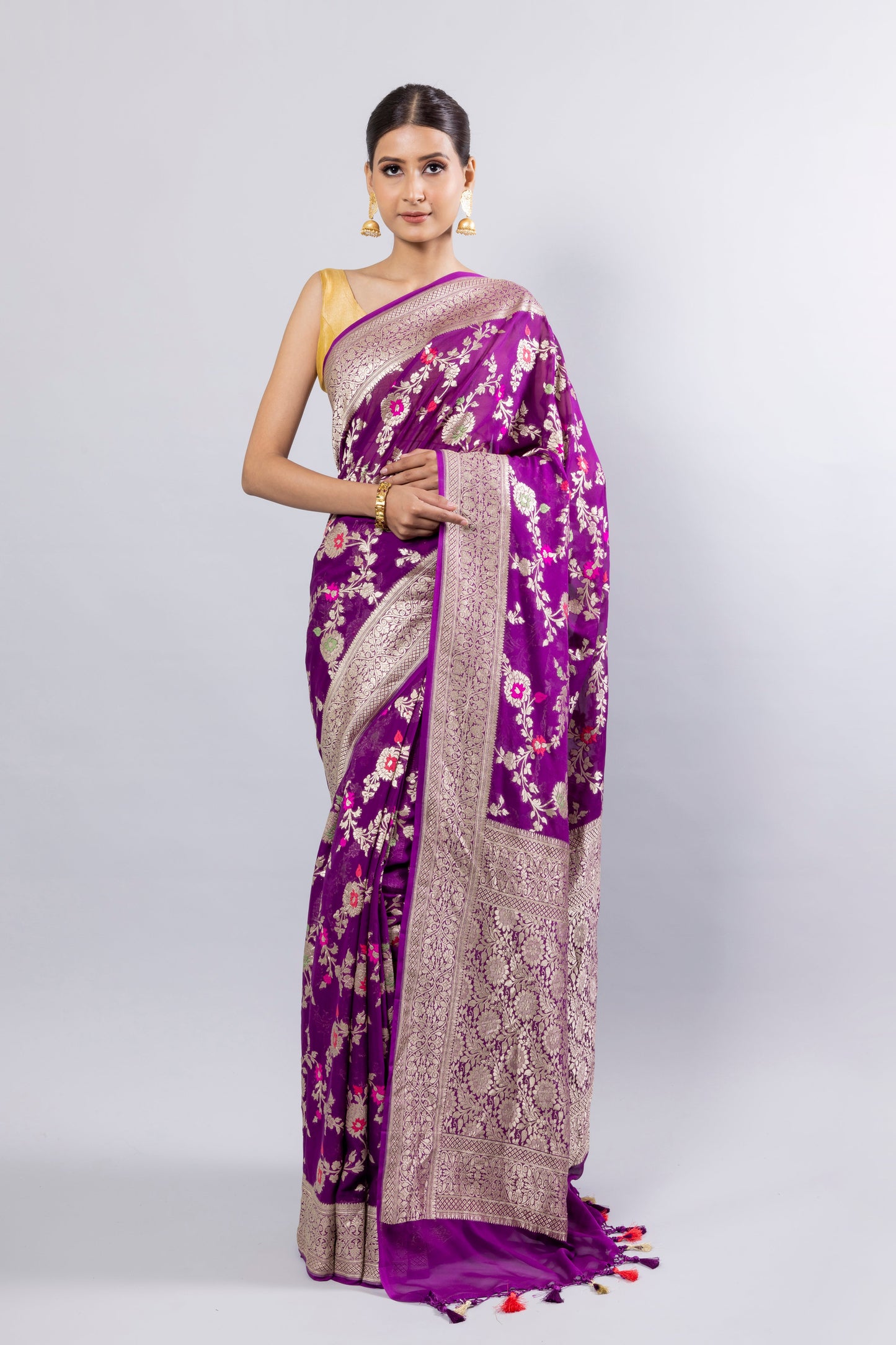 Purple Georgette Khaddi Pure Silk Saree