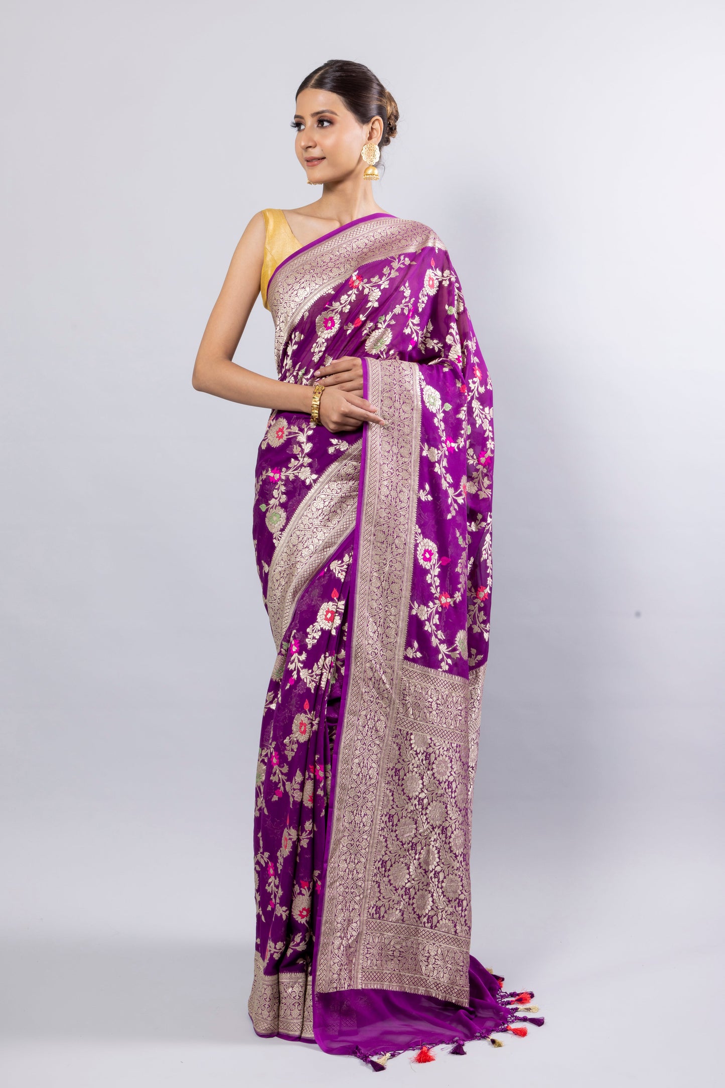 Purple Georgette Khaddi Pure Silk Saree