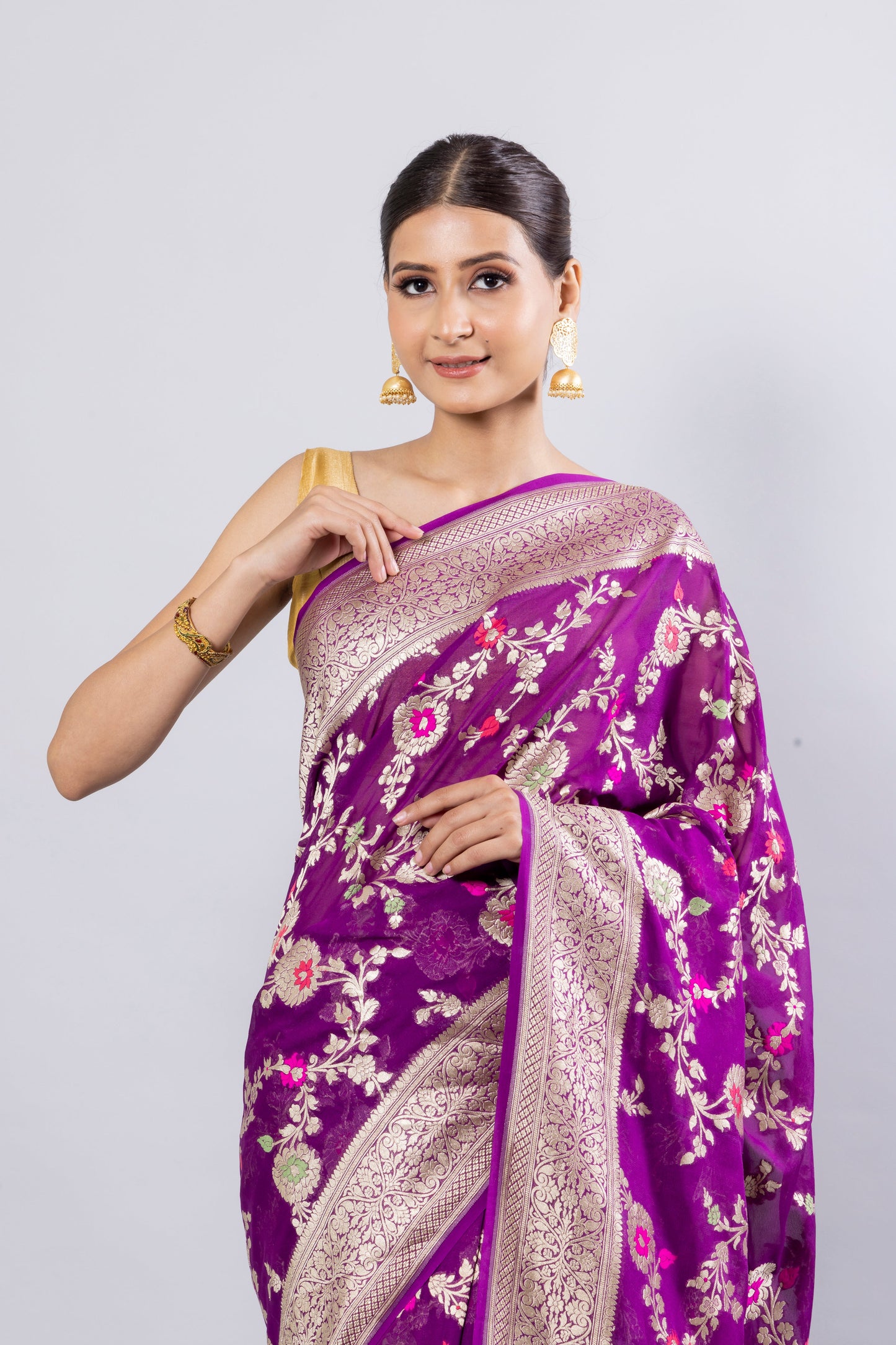 Purple Georgette Khaddi Pure Silk Saree