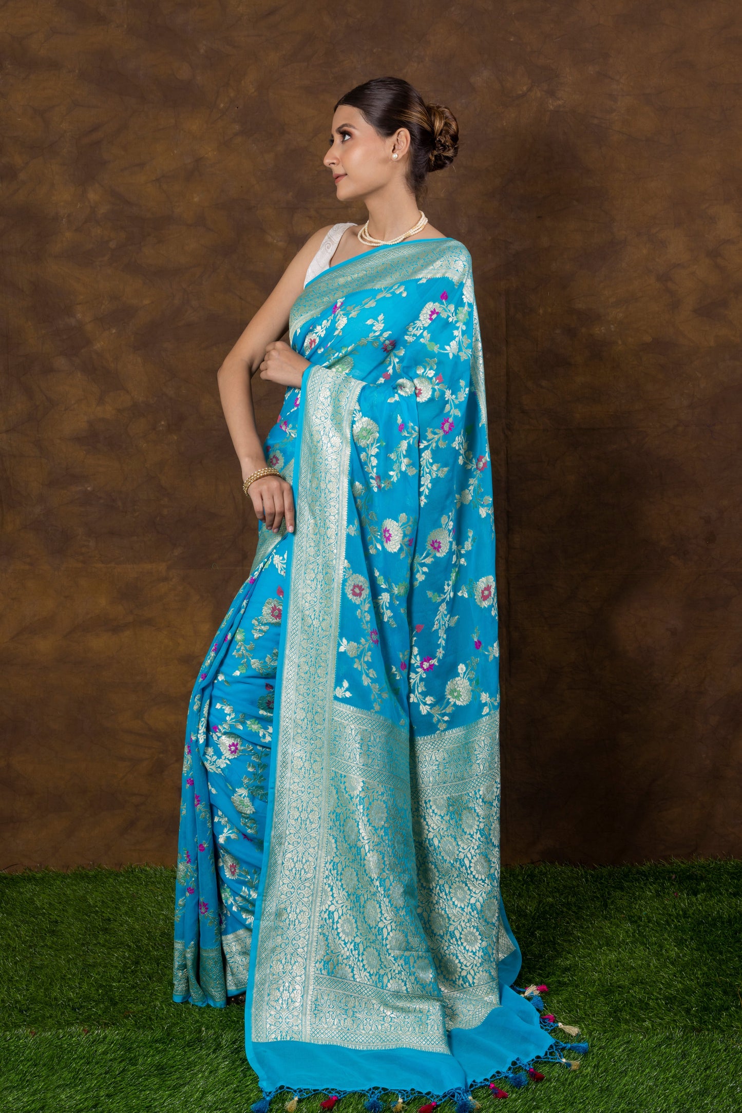 Turquoise Blue Georgette Khaddi Pure Silk Saree