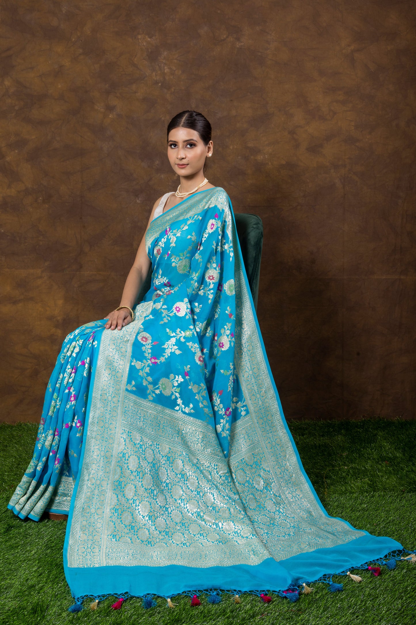 Turquoise Blue Georgette Khaddi Pure Silk Saree