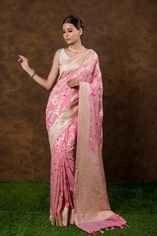 Baby Pink Georgette Khaddi Pure Silk Saree
