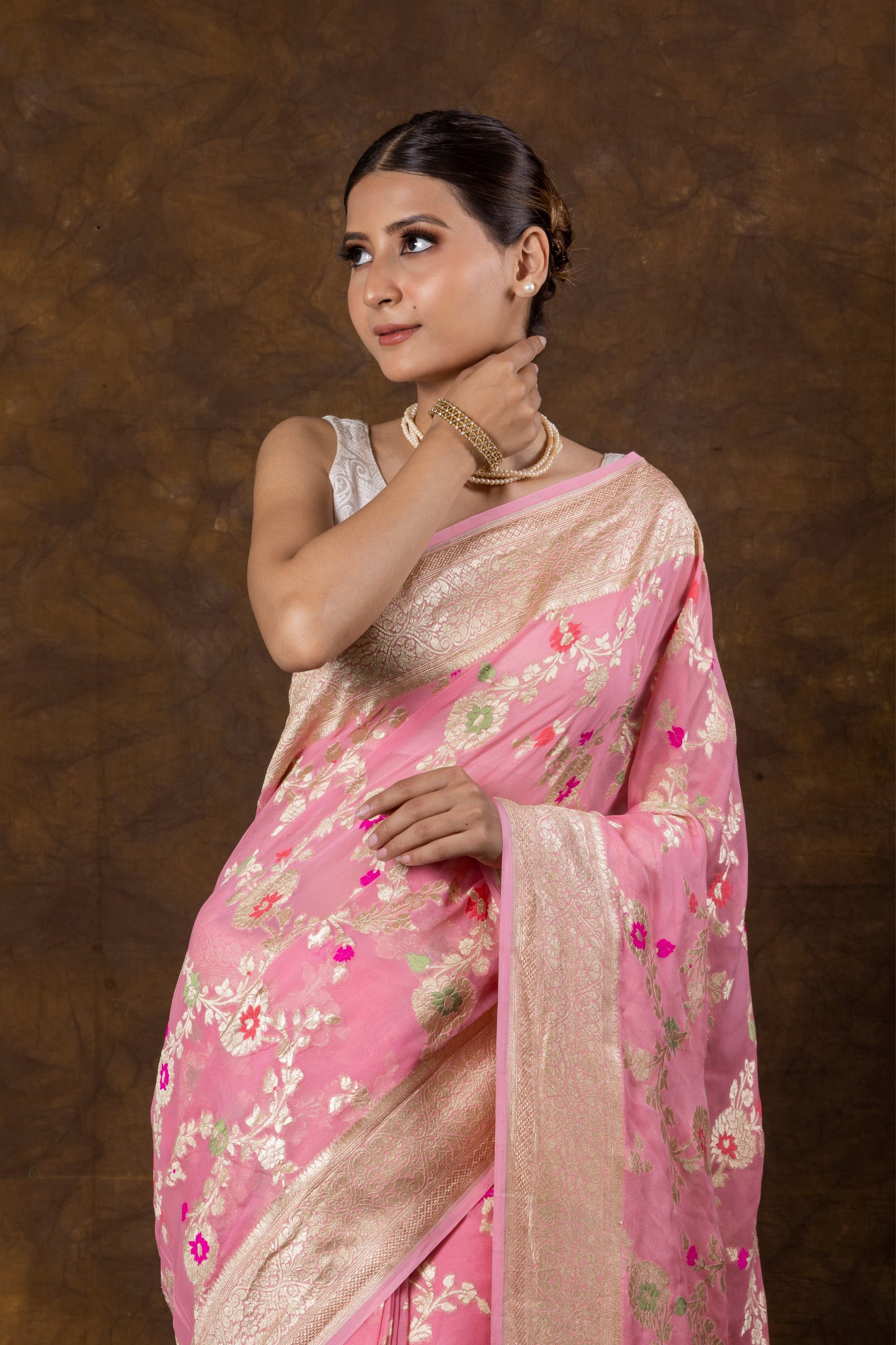 Baby Pink Georgette Khaddi Pure Silk Saree