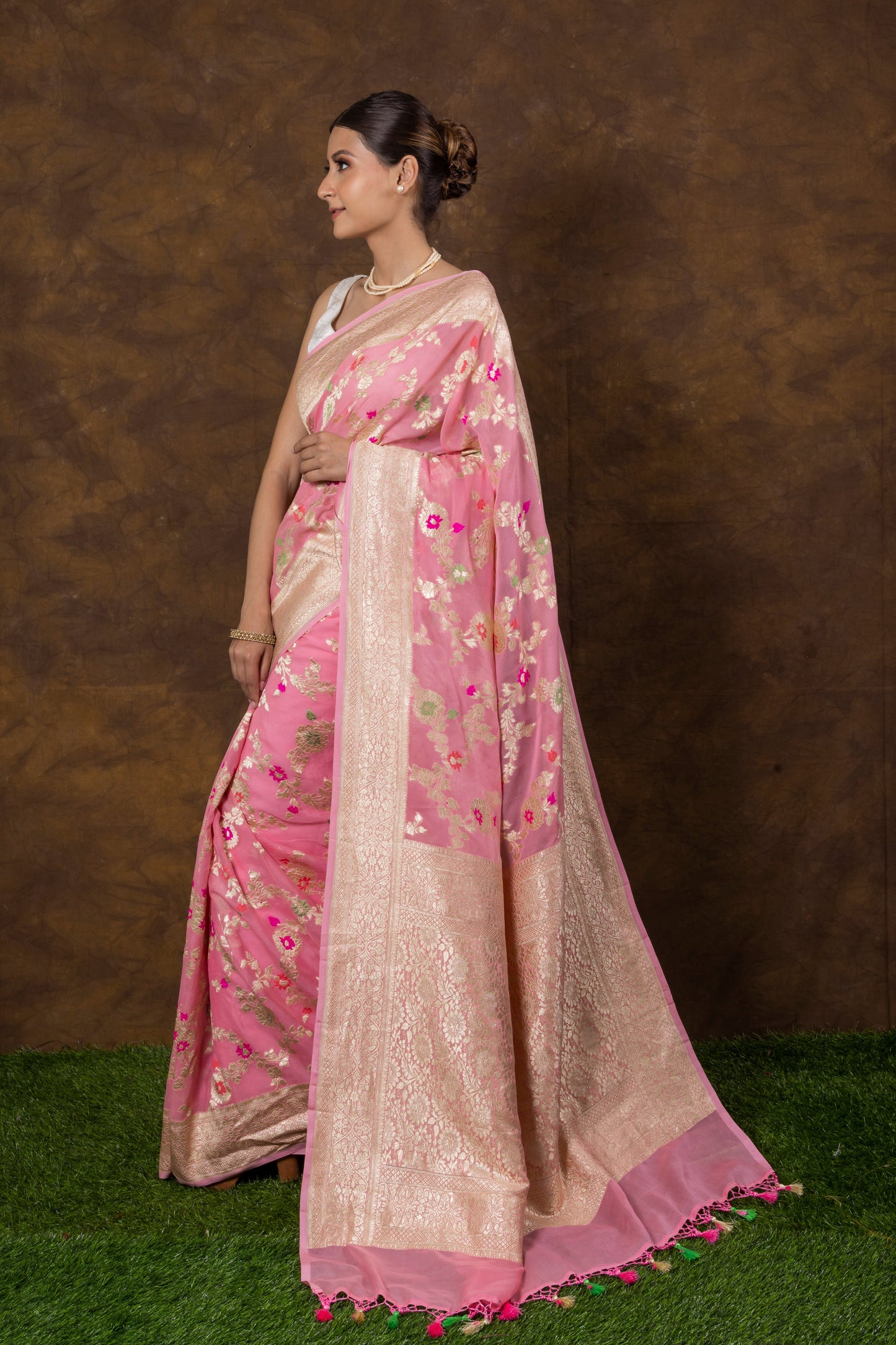 Baby Pink Georgette Khaddi Pure Silk Saree