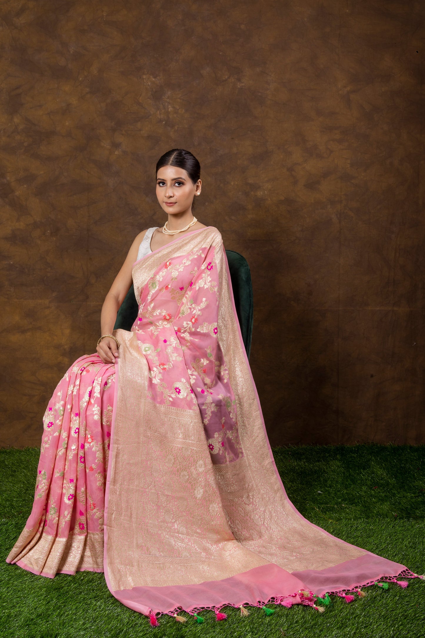 Baby Pink Georgette Khaddi Pure Silk Saree