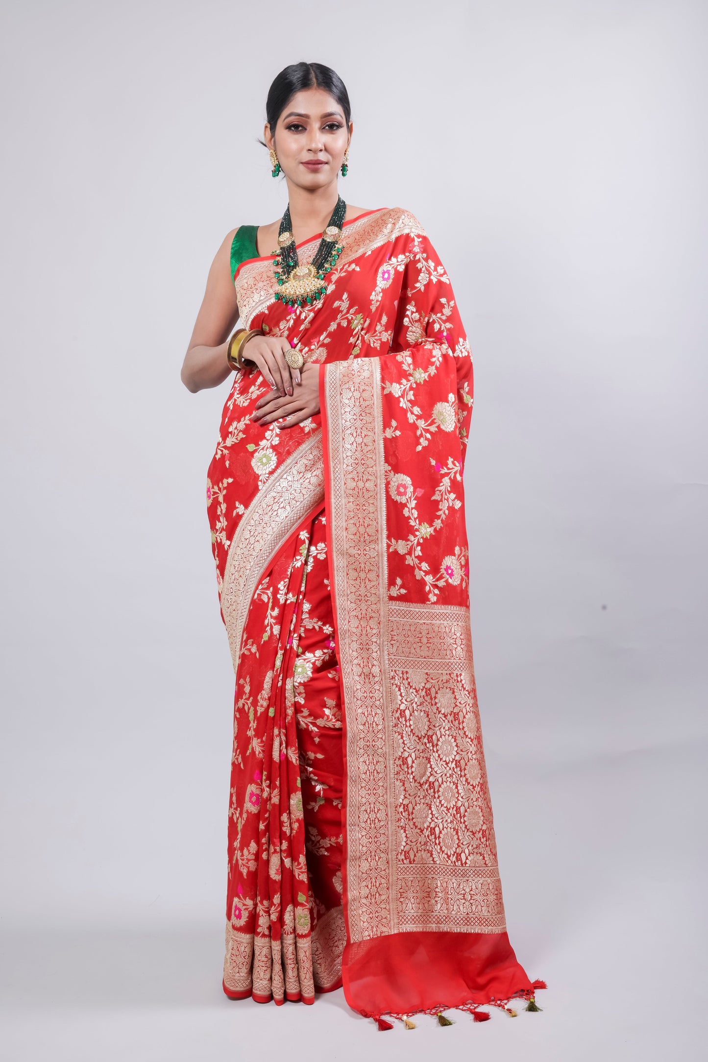 Red Georgette Khaddi Pure Silk Saree
