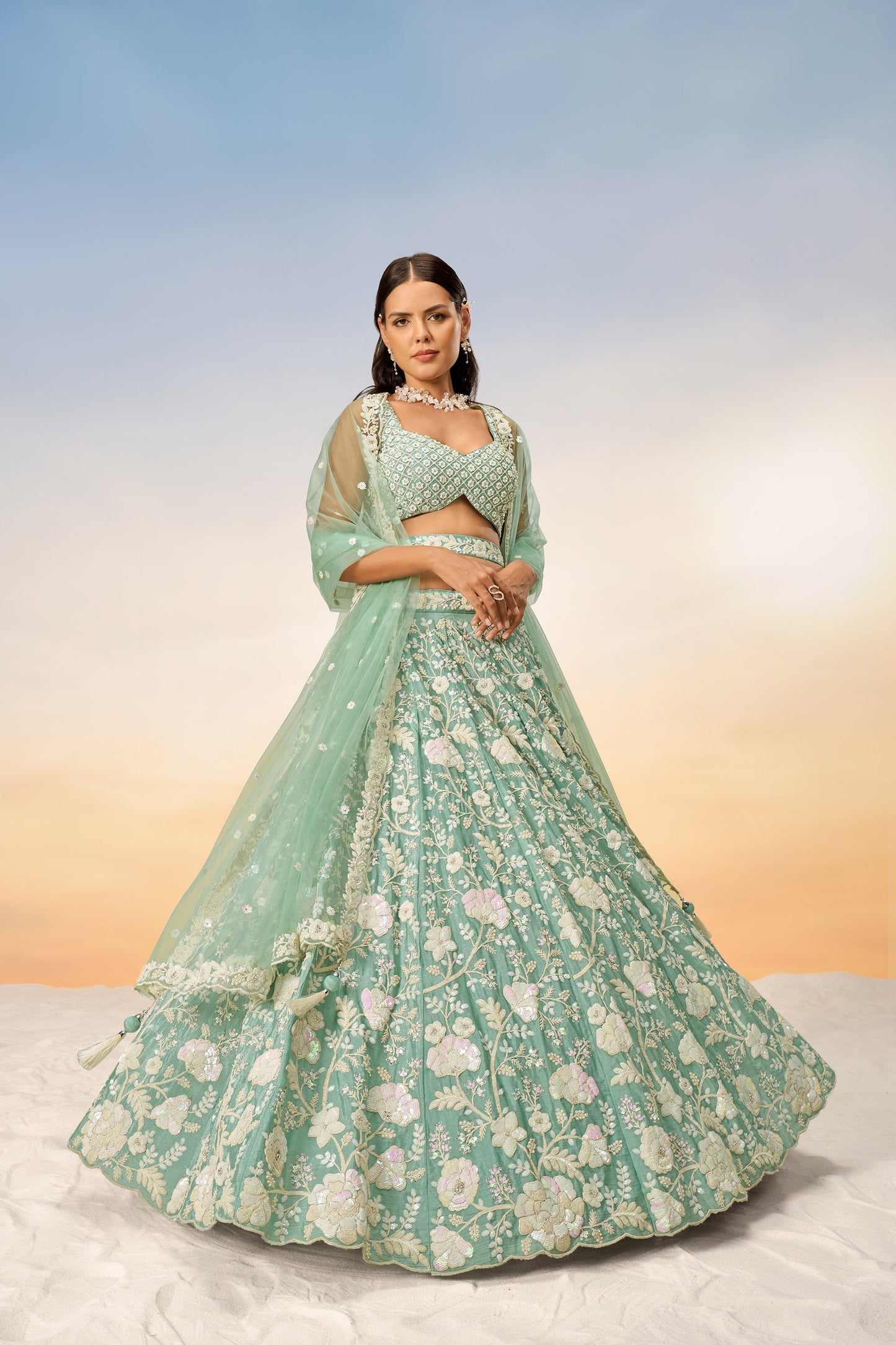 Sea Green Chinon Sequins and Zarkan embroidery Lehenga