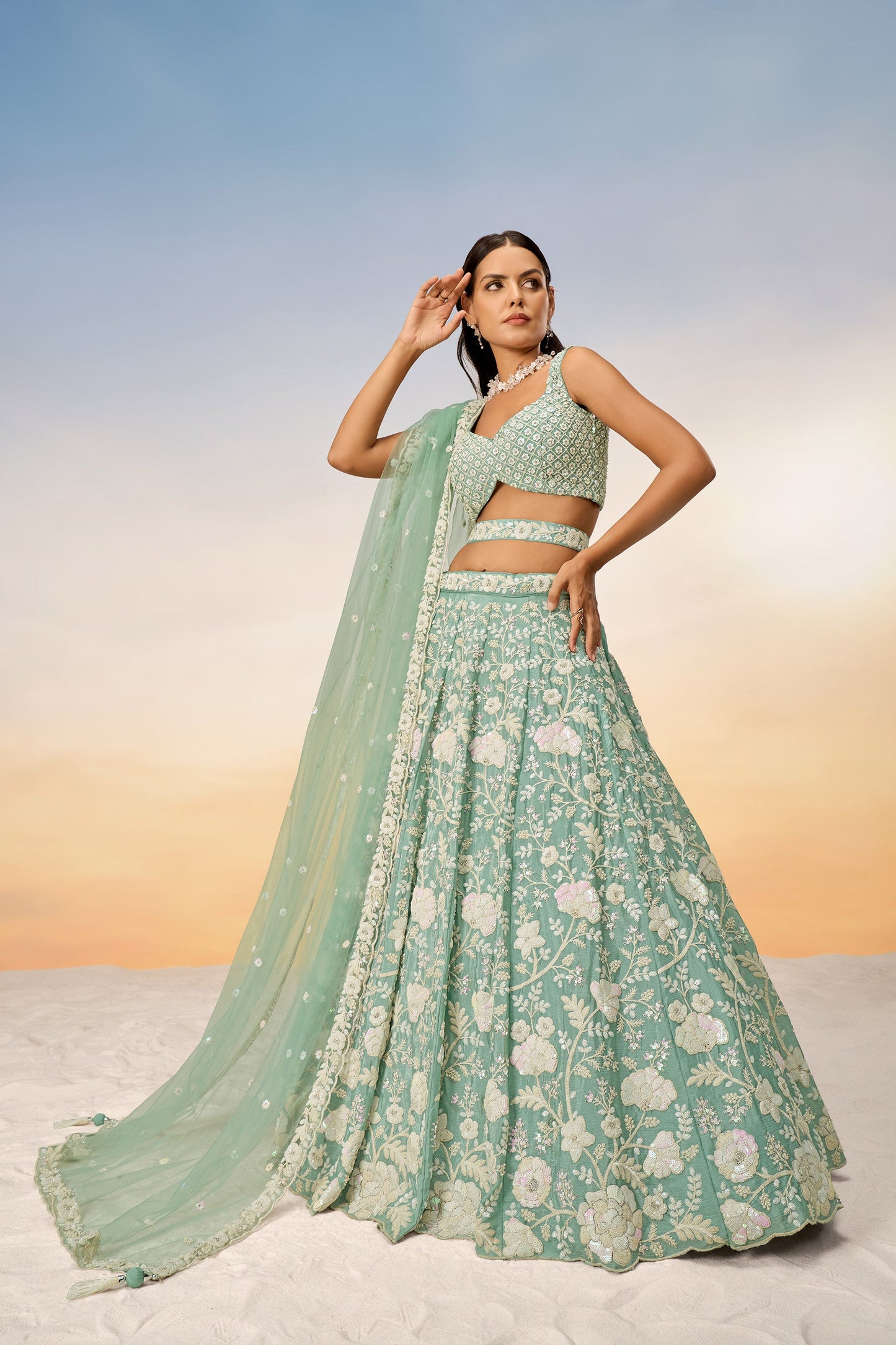 Sea Green Chinon Sequins and Zarkan embroidery Lehenga