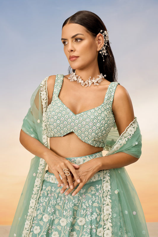 Sea Green Chinon Sequins and Zarkan embroidery Lehenga